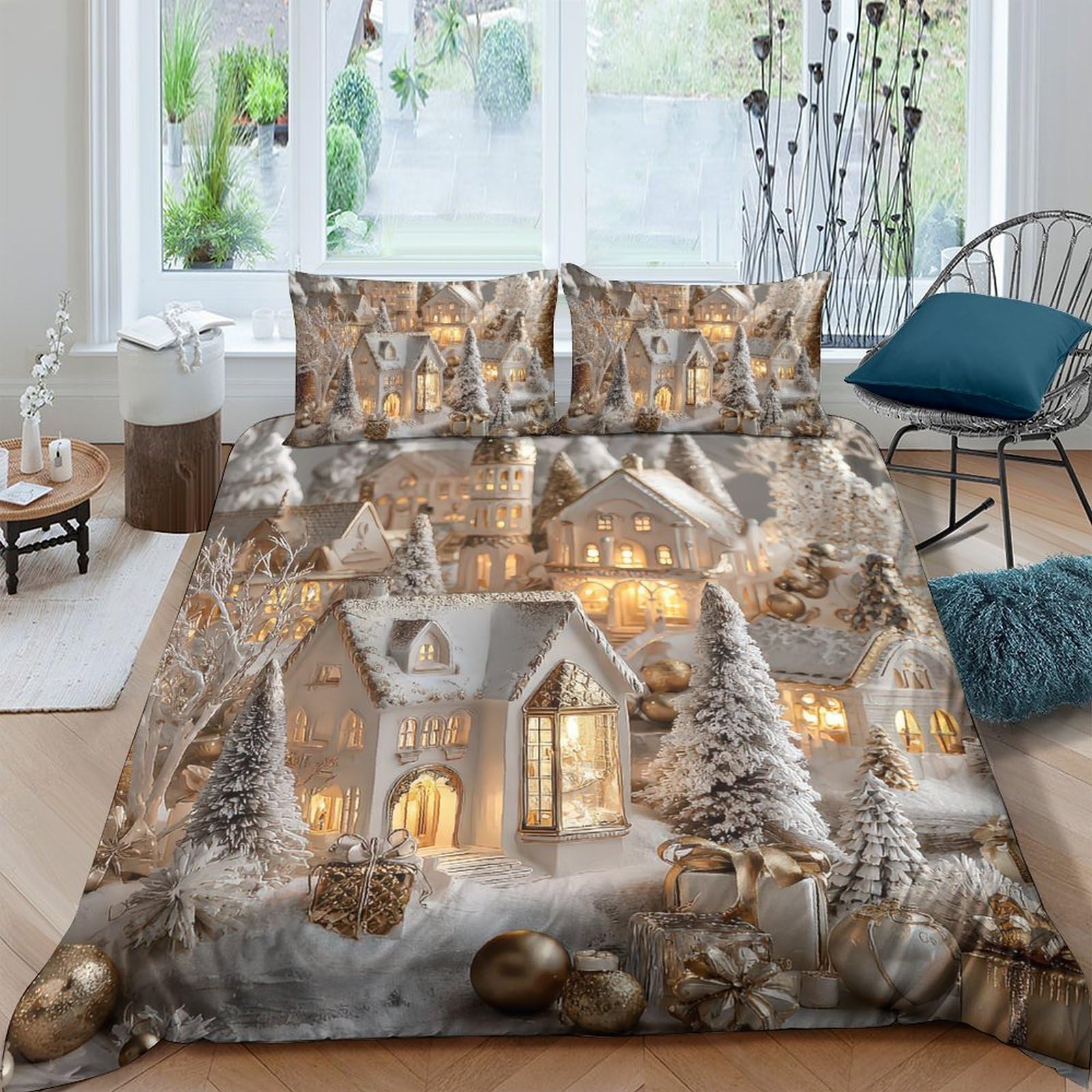 Ctjqhvkz Style-9 3D Printed Winter Cabin Fitted Sheet Microfiber Soft Snow Village Bed Cover For Bedroom Guest Room Easy Care Decor Single（135X200cm）