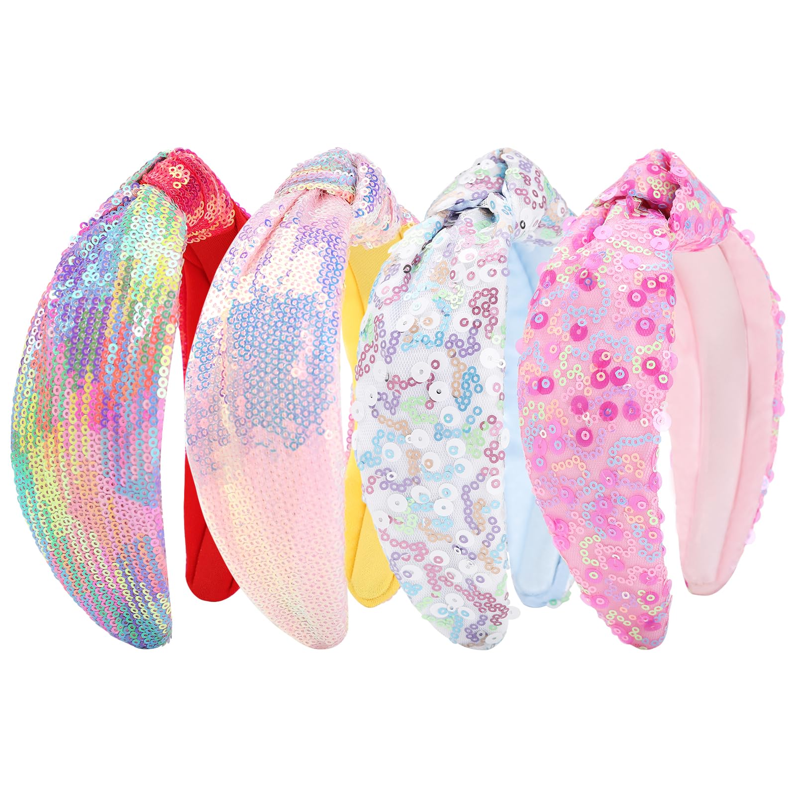 Diadema anudada de lentejuelas arcoíris con 4 piezas de accesorios brillantes para el cabello para niñas y mujeres, tocados cómodos con lentejuelas iridiscentes, diademas iridiscentes a la moda con