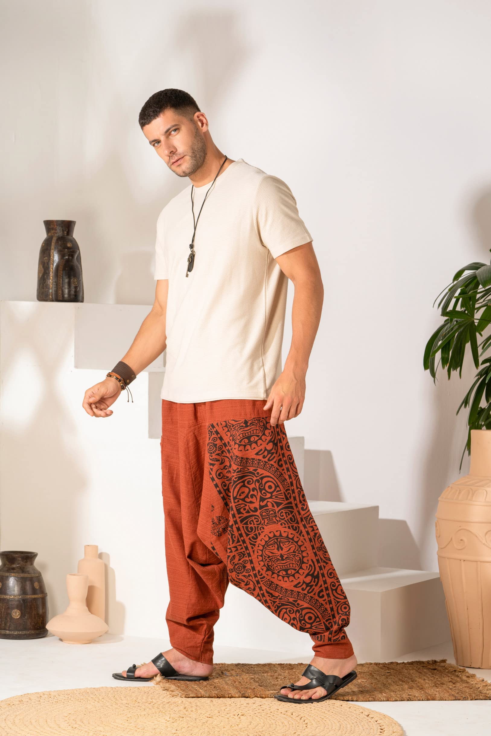 The Veshti Company Hippie Harem Pants for Men's Drop Crotch Tapestry Baggy Boho Printed Yoga Pajama Pant, Orange - Sacred Spirits, M 3