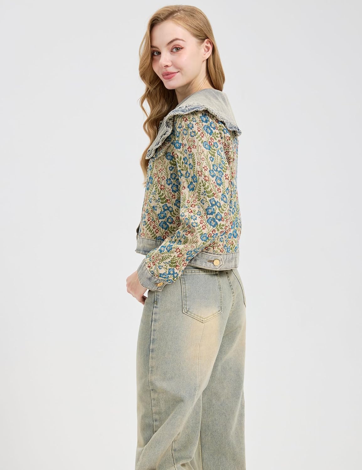 Women's Vintage Floral Denim Jacket Peter Pan Collar Long Sleeve Blue Flower Pattern Button Up Jean Jacket Coat - Image 4