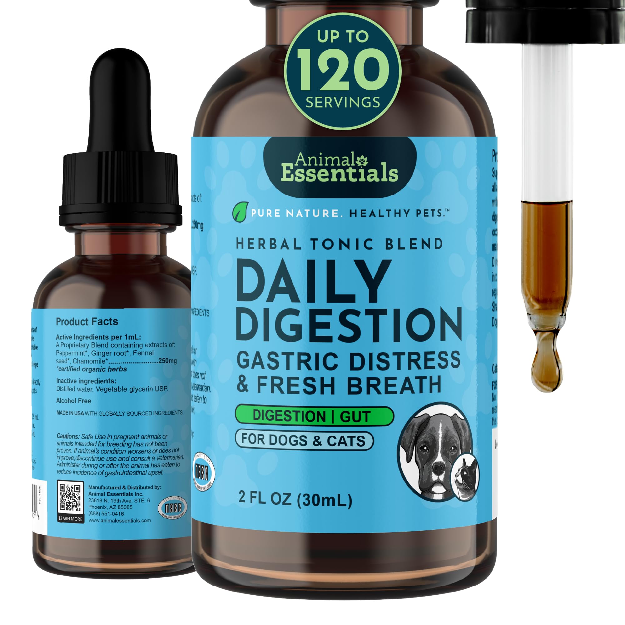 Fresh Breath & Daily Digestion/Digestive Support for Dogs & Cats, 2 fl oz - Made in USA Organic Ginger & Mint, Alcohol Free