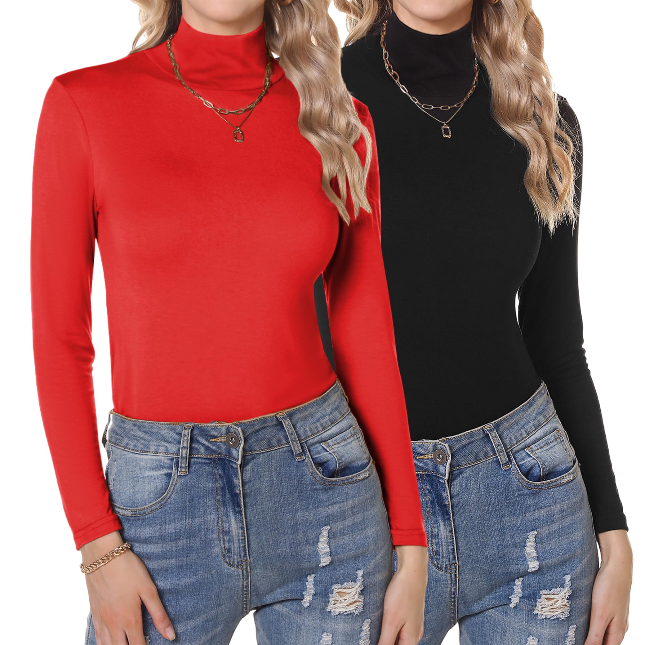 Aottori Langarmshirt Damen 1er/2er Pack Rollkragenshirt Set Oberteile Rollkragen Elegant Unterziehrolli Slim Fit Basic Shirt Langarm Thermo Unterziehshirt Stretch Tops