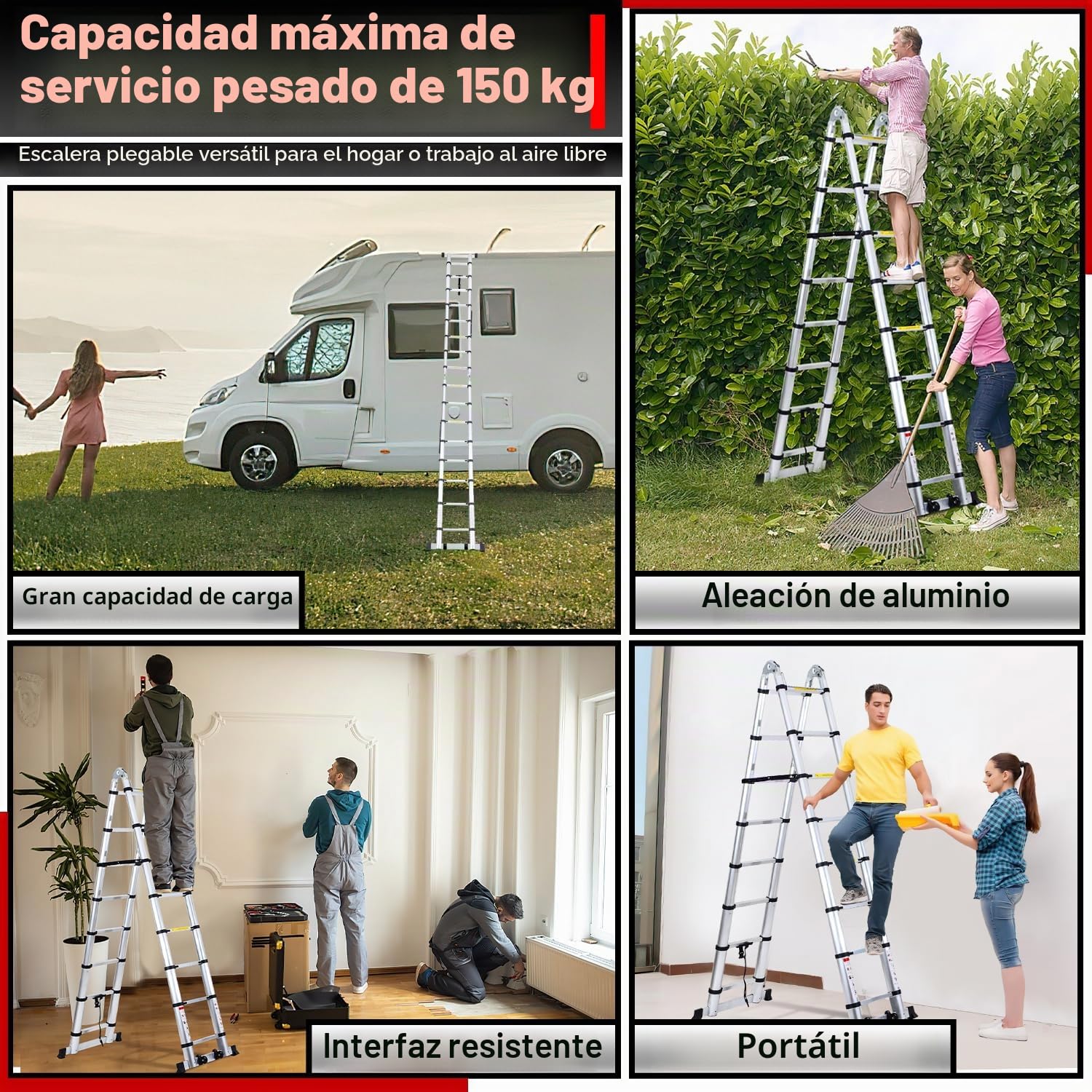 Escalera telescópica Plegable de Aluminio, Escalera Extensible de 5 m, Escalera de Aluminio, Antideslizante, Escalera de pie, 150 kg Capacidad de Carga