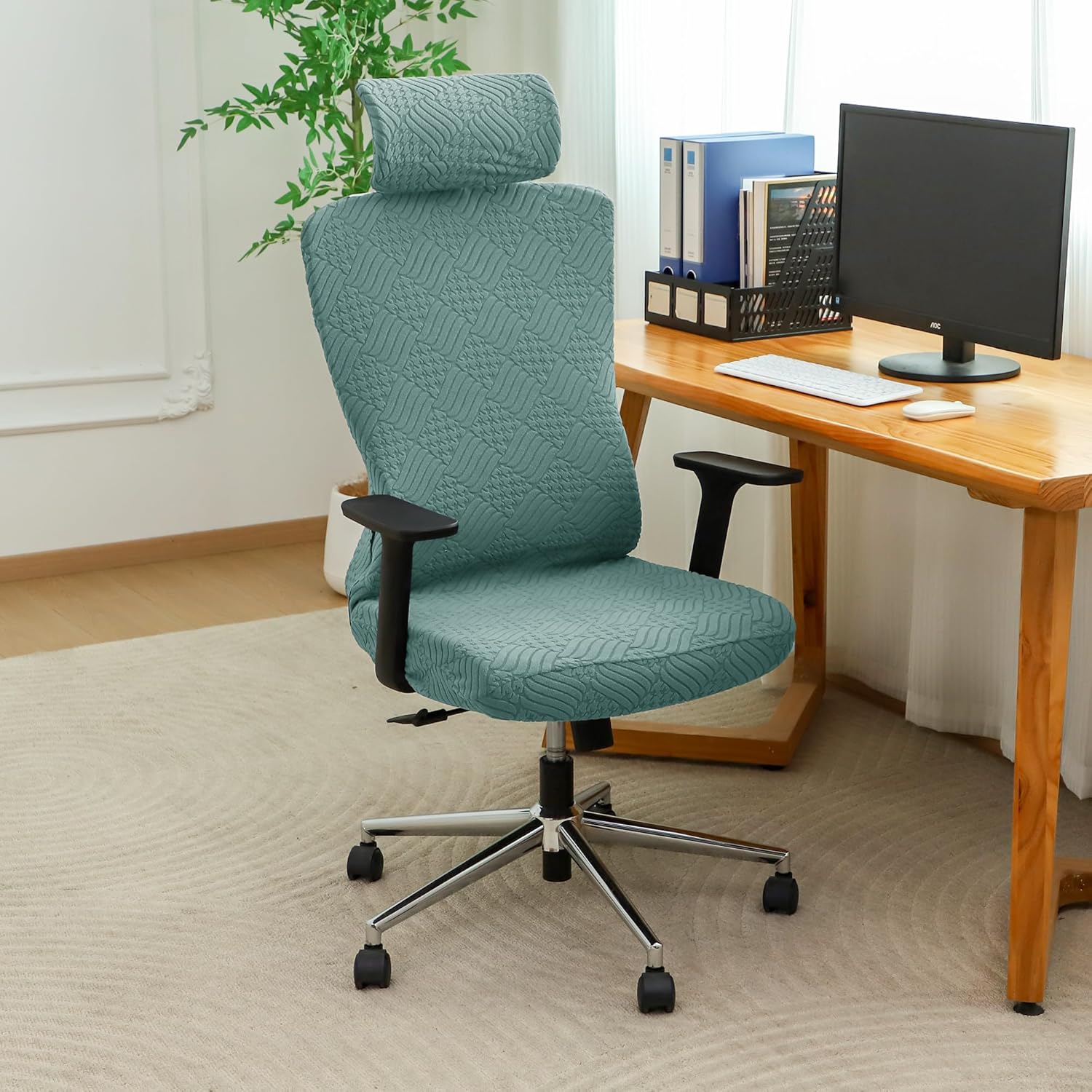 Ergonomic Office Chair Cover with Headrest Covers Green Jacquard Stretch Desk Chair and Headrest Slipcovers Washable