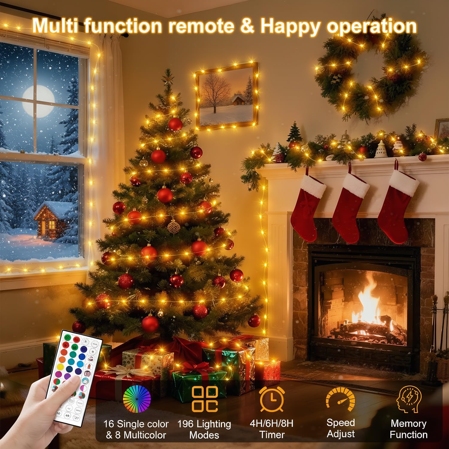 Guirlande lumineuse 200 LED avec télécommande, 196 modes, 24 couleurs changeantes, vitesse réglable, étanchéité IP65, pour arbre, fête, mariage, festival, décoration de chaises de chambre à coucher