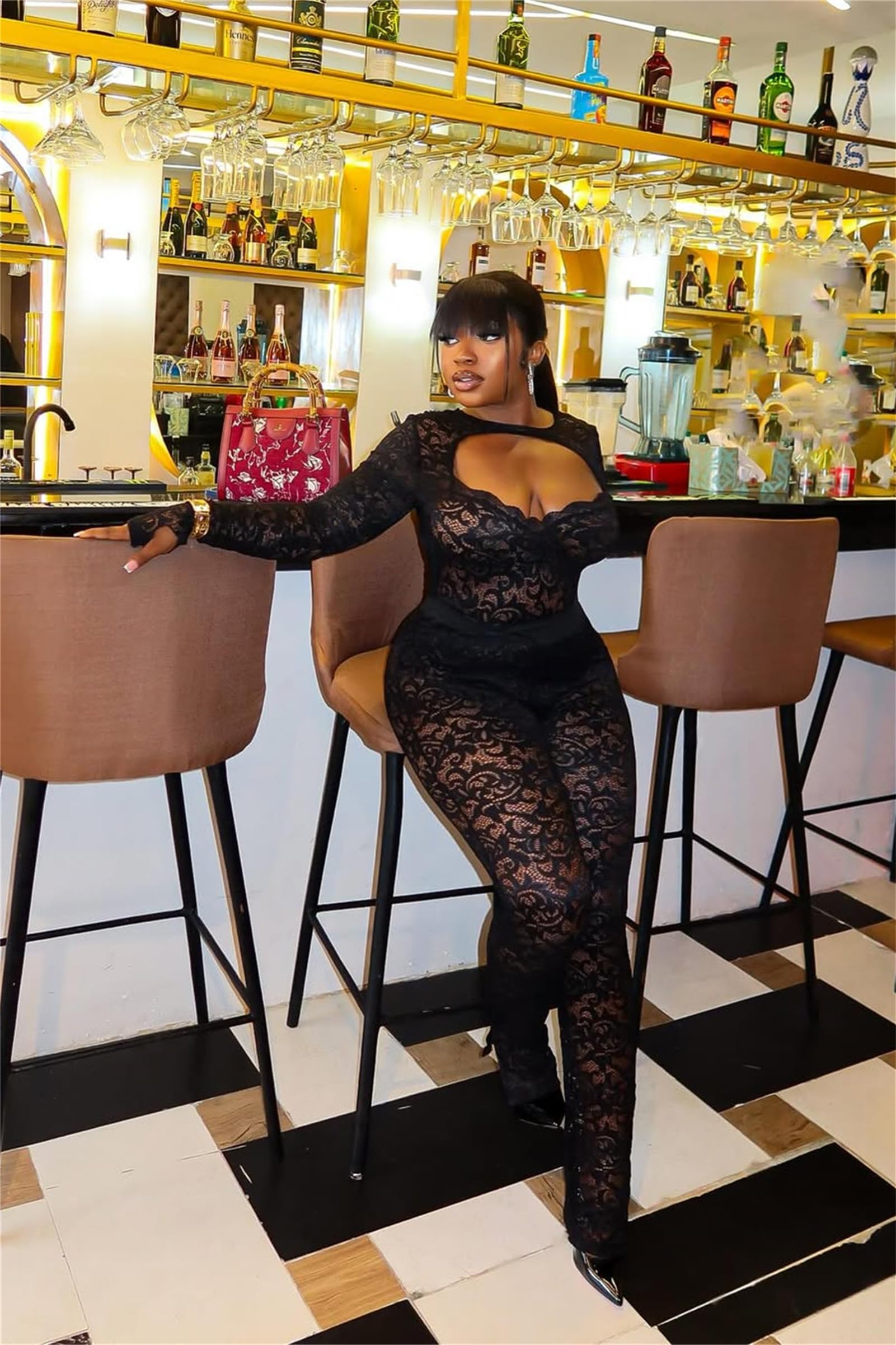 CALEBGAR Tenues sexy 2 pièces pour femme en dentelle transparente à manches longues dos nu bodycon évasé ensemble de leggings