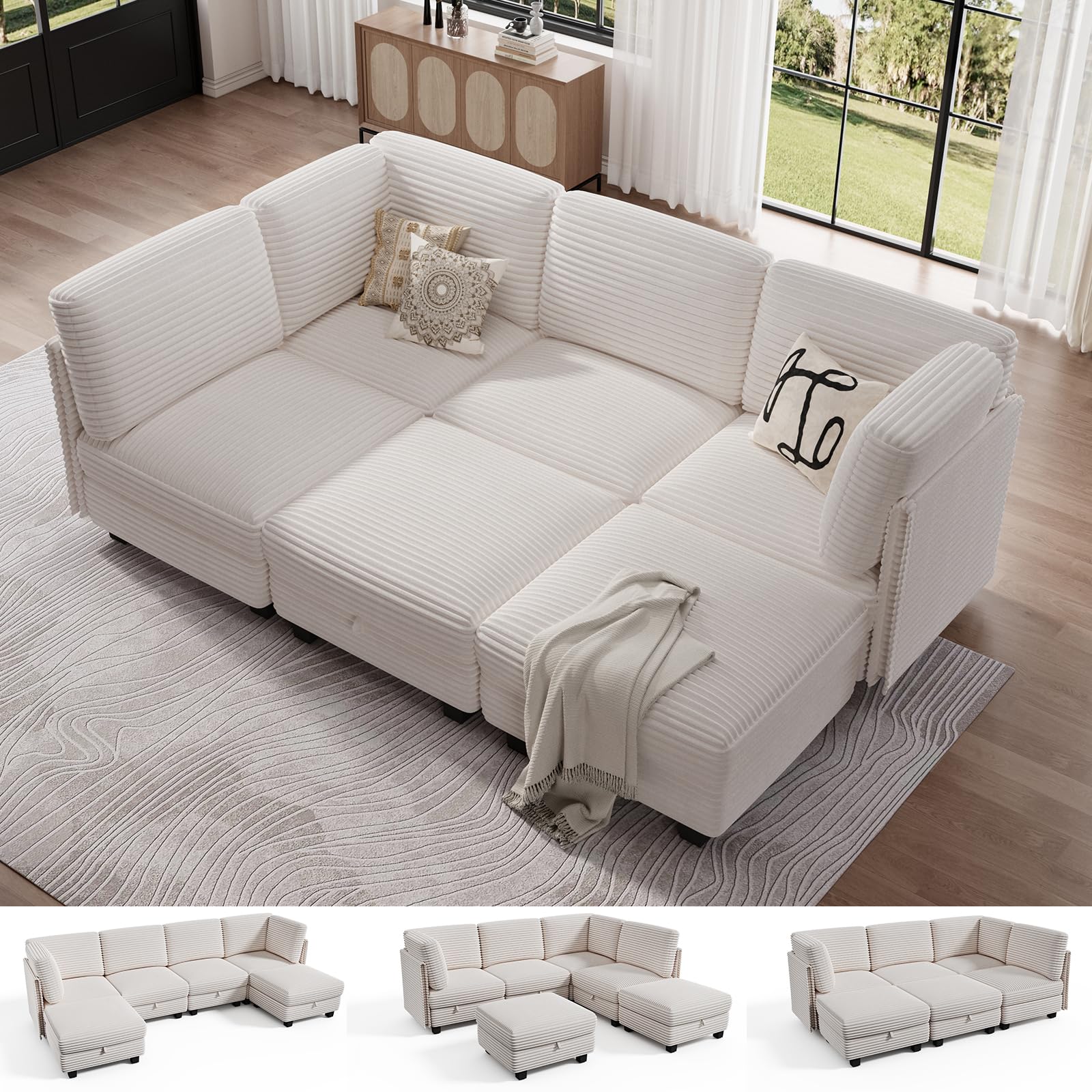 Modular Sectional Sofa with Adjustable Backrest Convertible L U-Shaped Sleeper Couch for Living Room Cloud Sofa Bed Modern