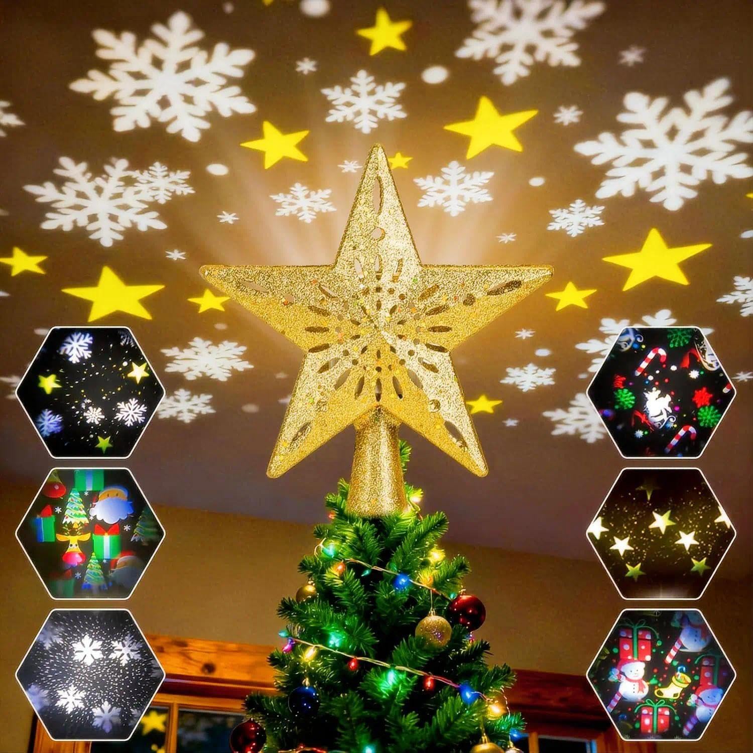 CAUTIOUS Étoile Sapin de Noel, Or Étoile pour Sapin de Noël 6 Modes de Projection avec Projecteur Dynamique LED Rotatif Intégré, pour Decoration Arbre Topper Interieur