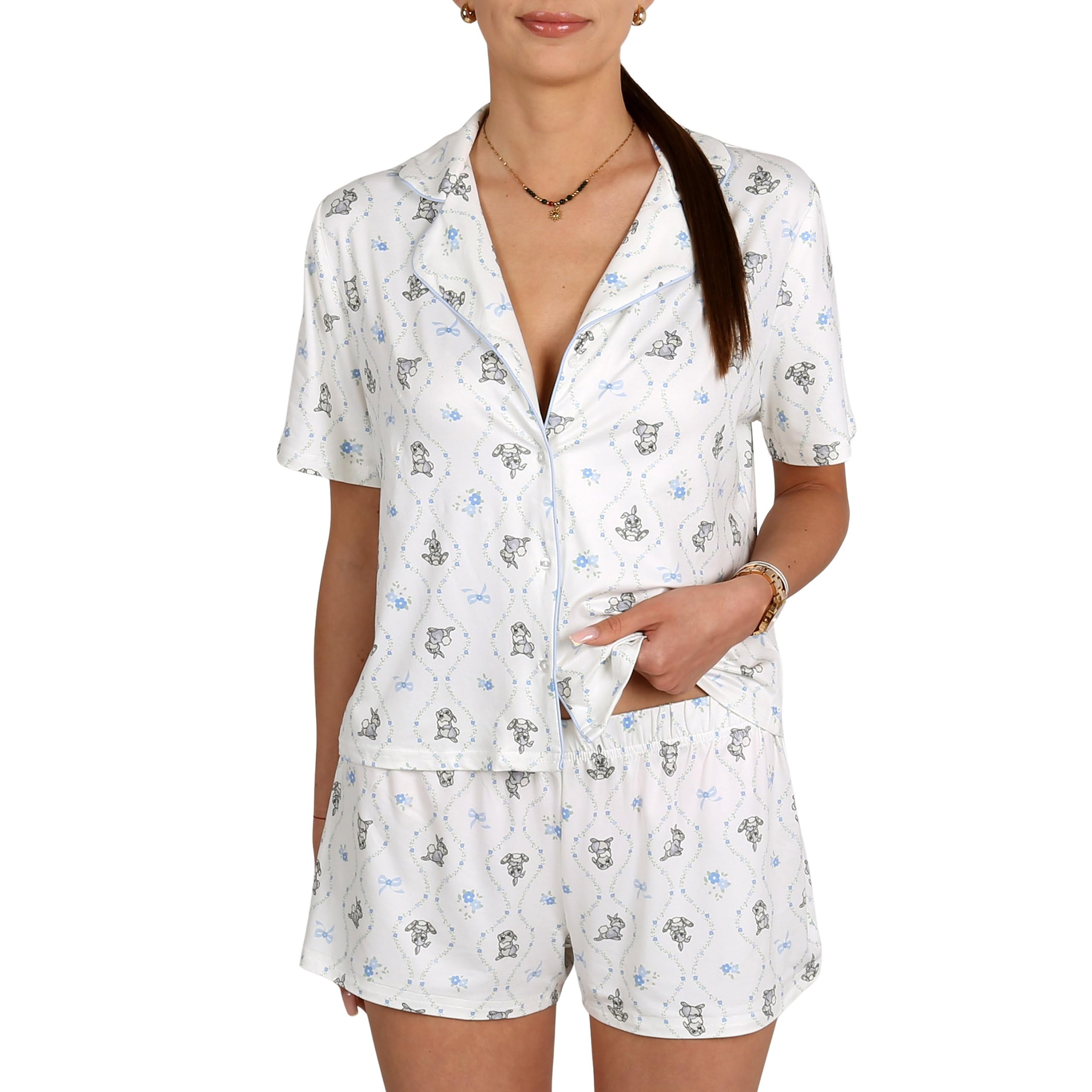 sarcia.eu Pijama de Mujer con Botones, Dos Piezas para el Verano, (Winnie, Bambi Thumper, Minnie Mickey) de Manga Corta