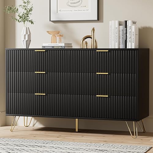 Black Dresser for Bedroom, Modern Dresser with Gold Metal Handles & Chests of Drawers for Bedroom, 15.7" D x 47.2" W x 29.5" H