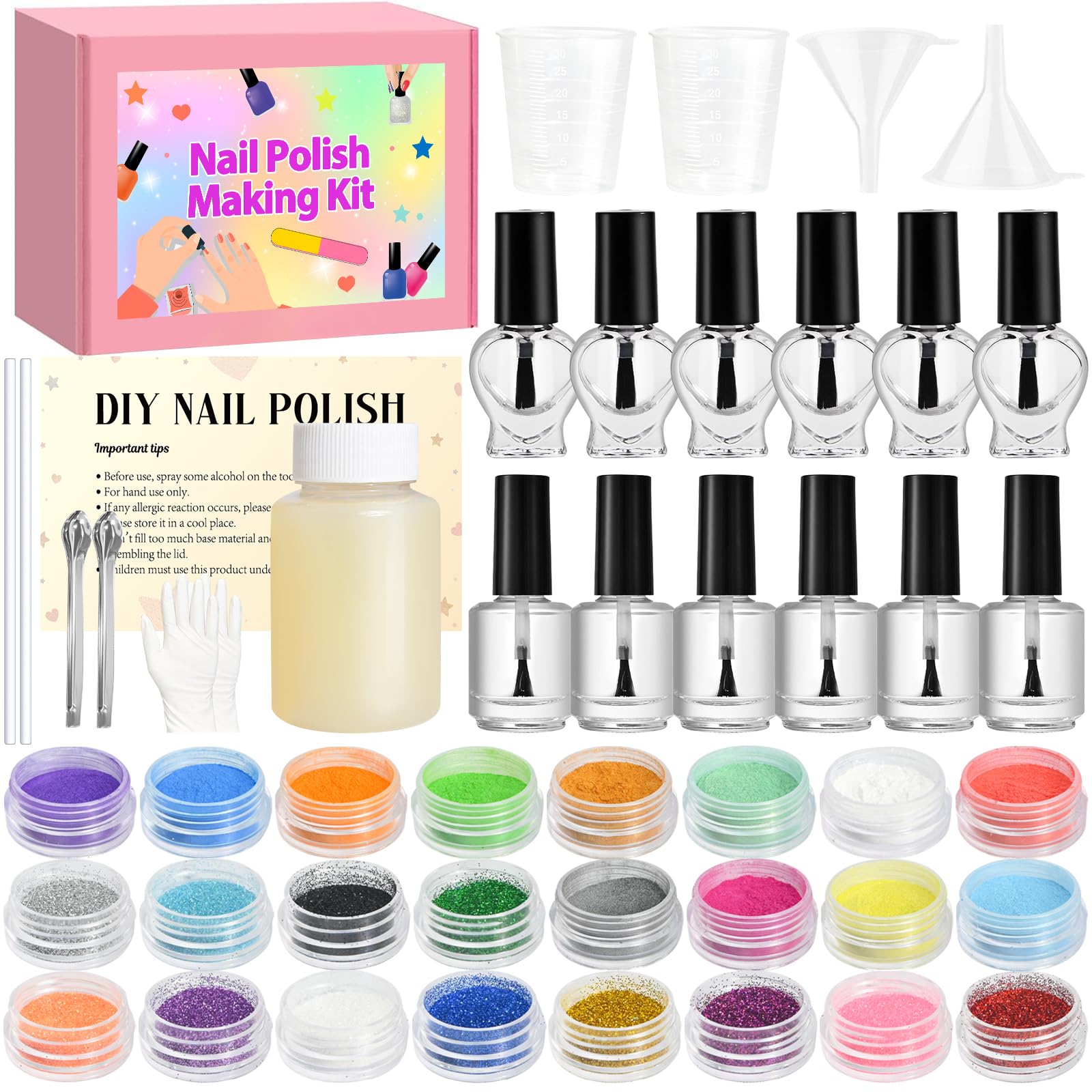JCOOS Nail Polish Making Kit, DIY Nail Art Kit for Beginners With Everything, 12 Empty Bottles with Brush, 24 Pigment, Fun Nail Polish Kit,