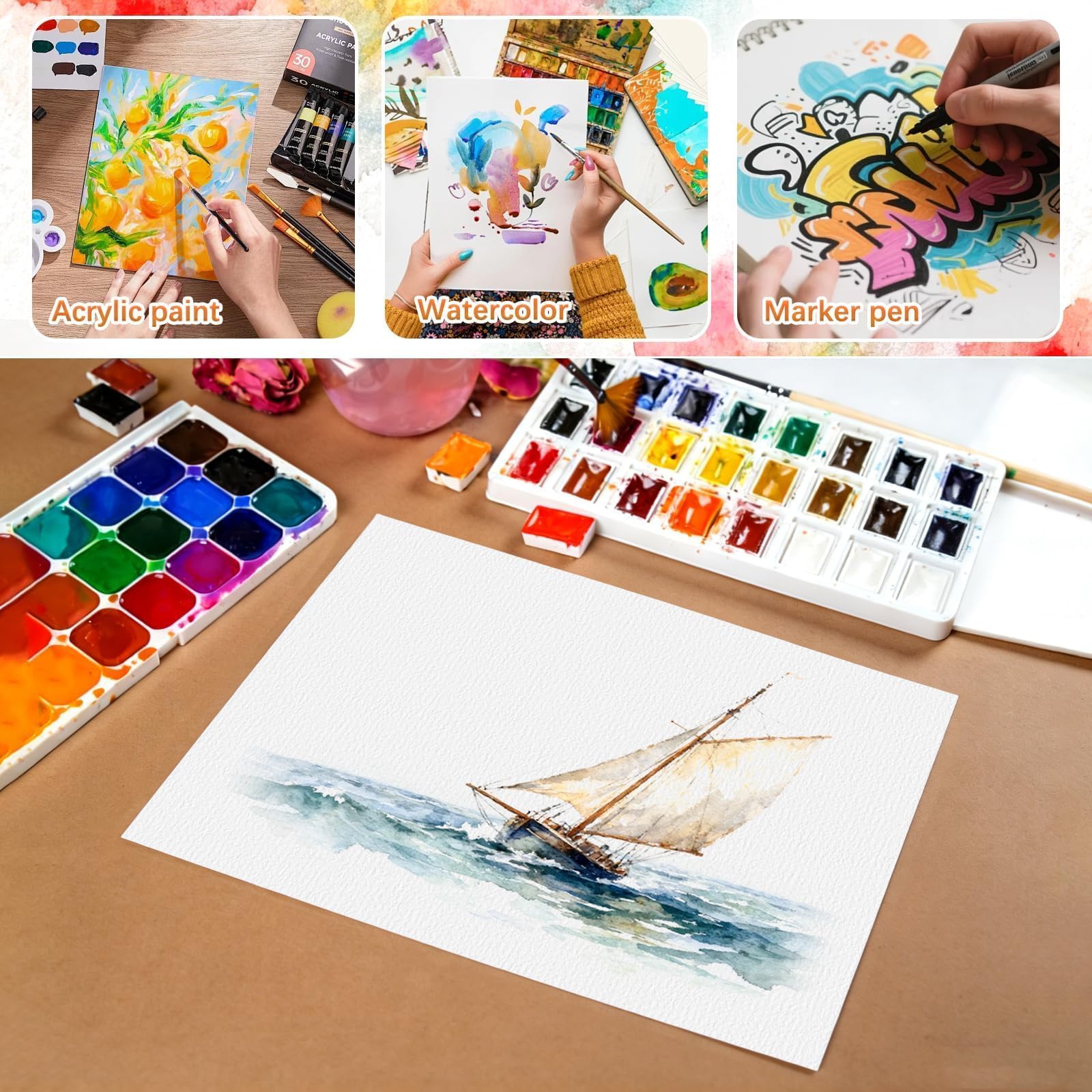 Lot de 80 feuilles de papier aquarelle en coton naturel 300 g/m², 21,6 x 27,9 cm, presse à froid, papier d'artiste pour étudiants, artistes, peinture, dessin