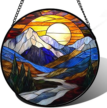 Blue Mountains Stained Glass Window Hanging Suncatcher Gift for Women 15" | Sun Catcher Decor Birthday Christmas Mothers Day Anniversary Suncatcher Gift for Mom Grandma Nana Wife Mother In Law