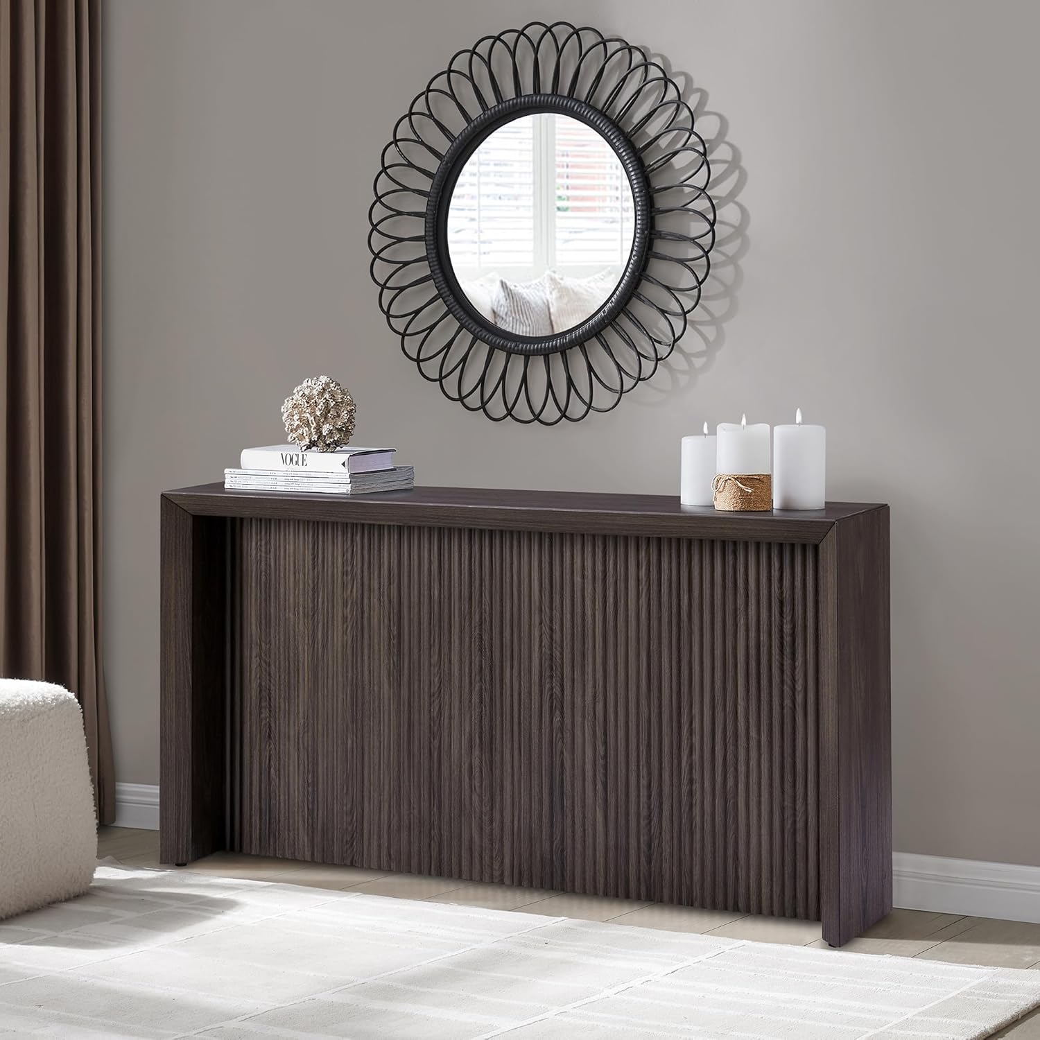 Henn&Hart 56" Fluted Wooden Rectangular Console Table Ribbed Entryway Table, Sofa Table for Entryway, Living Room, Couch, Hallway, or Office, Warm Brown