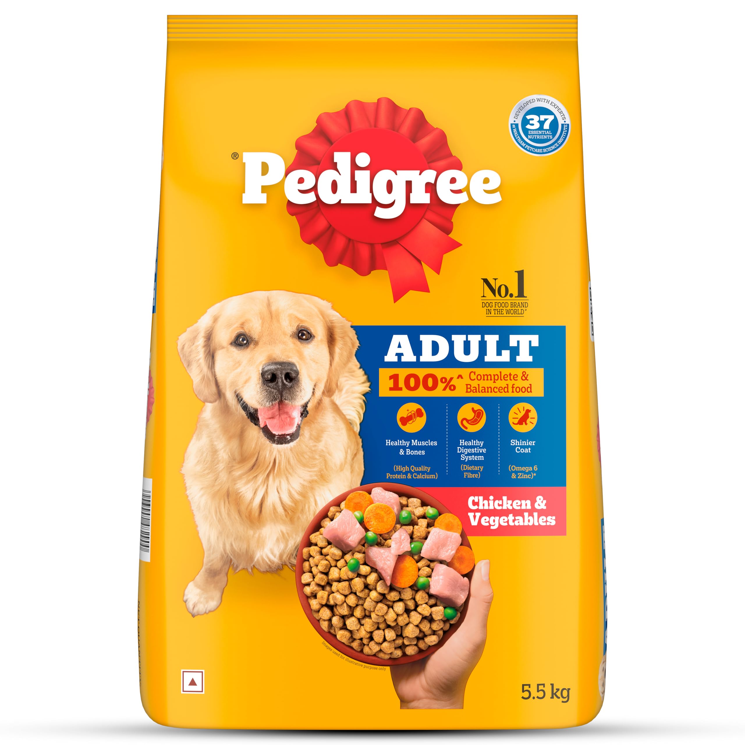 Pedigree Adult Dry Dog Food, Chicken & Vegetables, 5.5 kg, Contains 37 Essential Nutrients, 100% Complete & Balanced Food for Adult Dogs