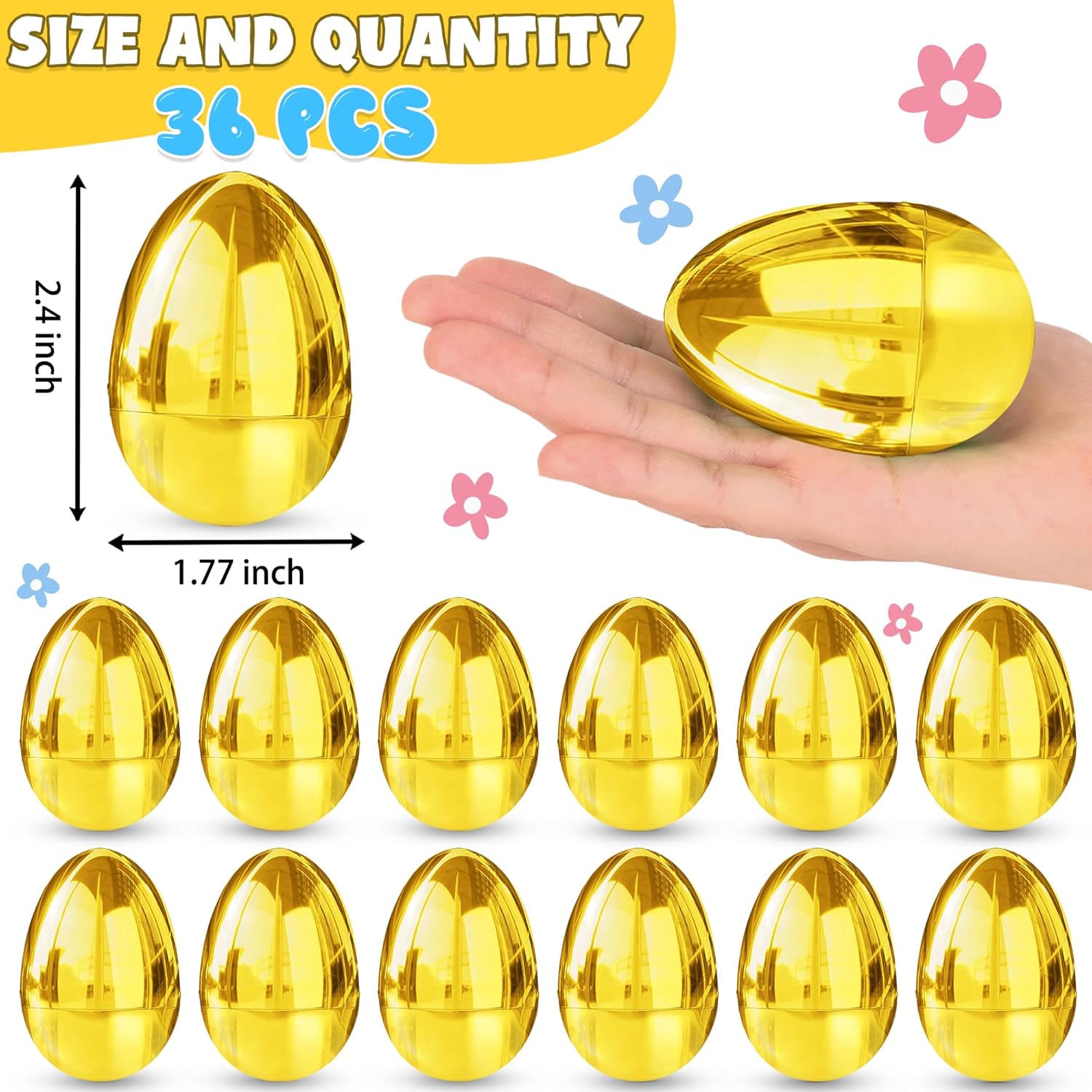 36 Pack Golden Easter Eggs Empty 2.4" Shiny Metallic Plastic Easter Eggs Fillable Surprise Gold Eggs for Easter Egg Hunt Fillling Candy Treats Toys Basket Stuffers Filliers Classroom Rewards Prizes