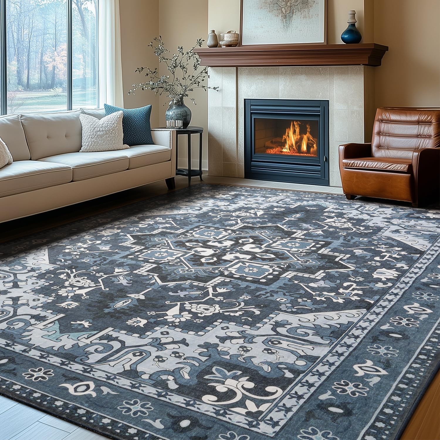 Rugflix 9x12 Area Rugs Machine Washable, Dark Navy Blue Carpet for Living Room, Oriental Indoor Area Rug Low Pile, Large Soft Thick Carpets Non Slip, Farmhouse Vintage Rug for Bedroom Dining Room Blue 9' x 12' (Rectangular)