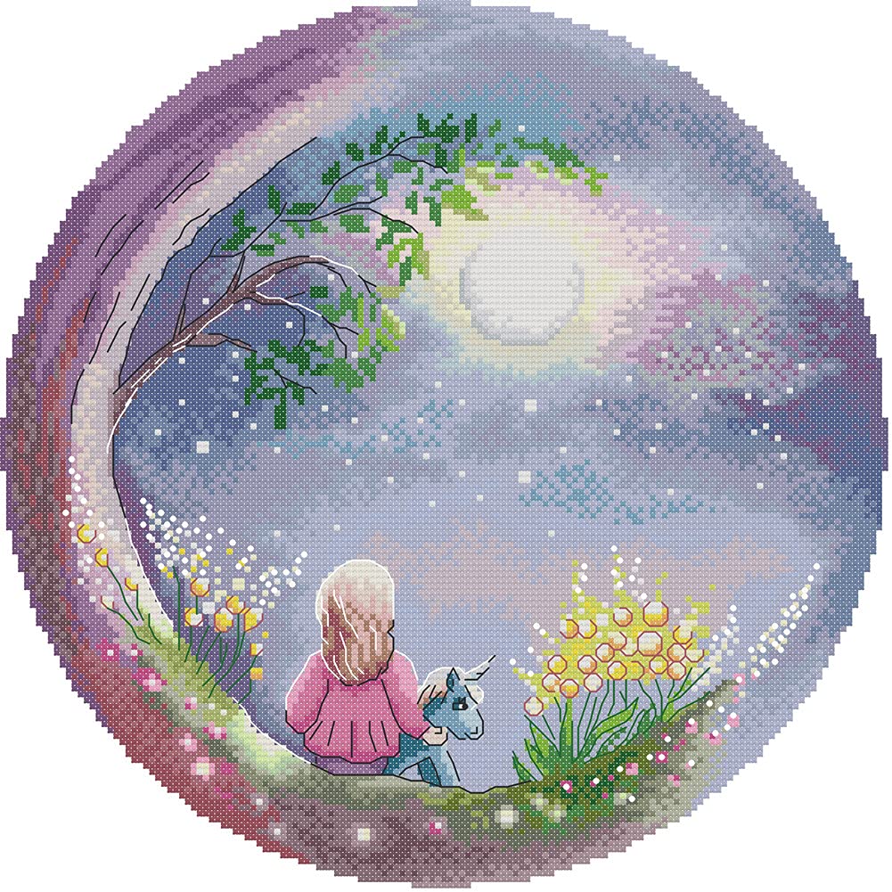 Awesocrafts Cross Stitch Kits, Looking up at the Moon Sky Girl Easy Patterns Cross Stitching Embroidery Kit Supplies, Stamped (Stamped)