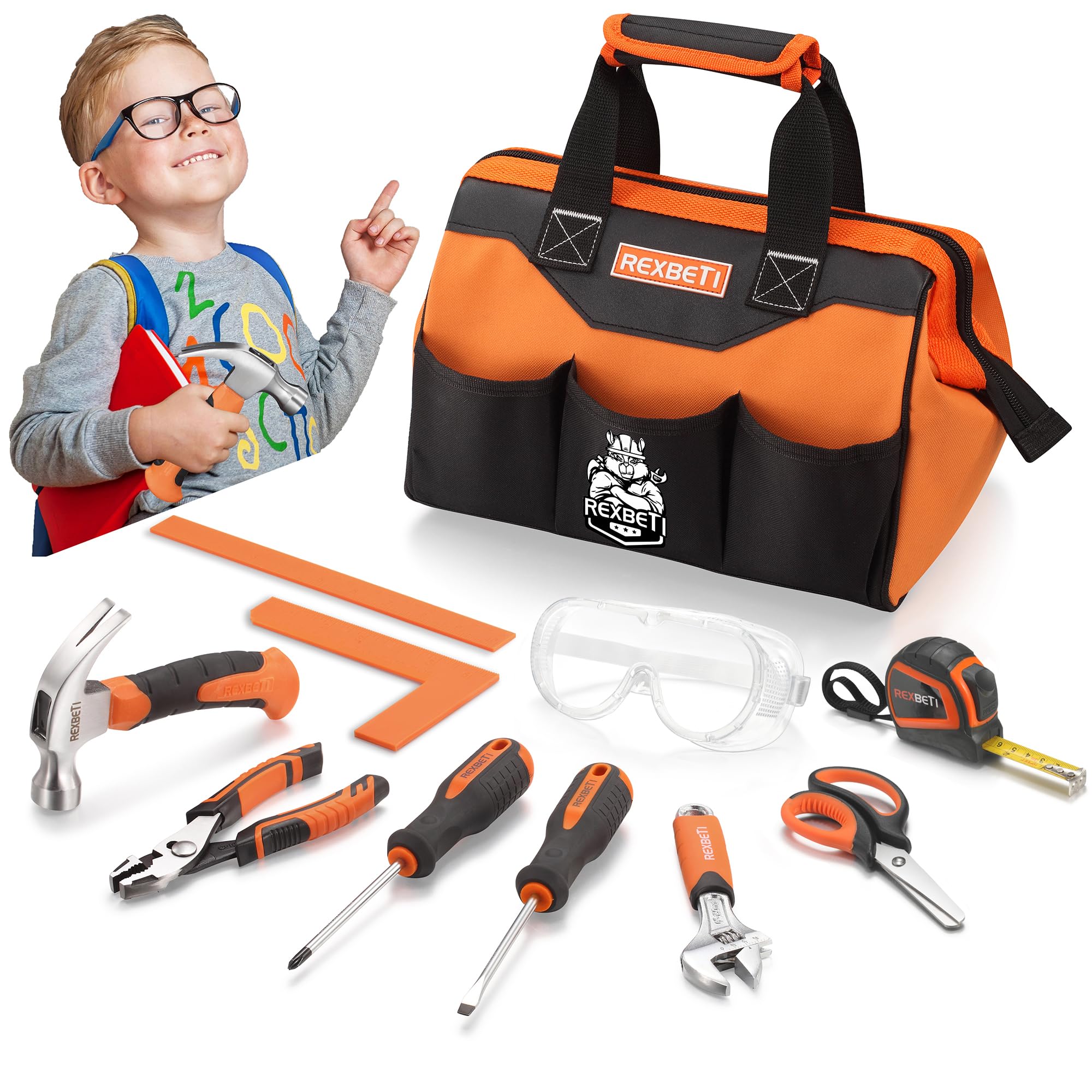 REXBETI 10-Piece Kids Tool Set with Real Hand Tools, Orange Durable Storage Bag, Children Learning Tool Kit for Home DIY and Woodworking, 6+ Years Old Birthday Gift