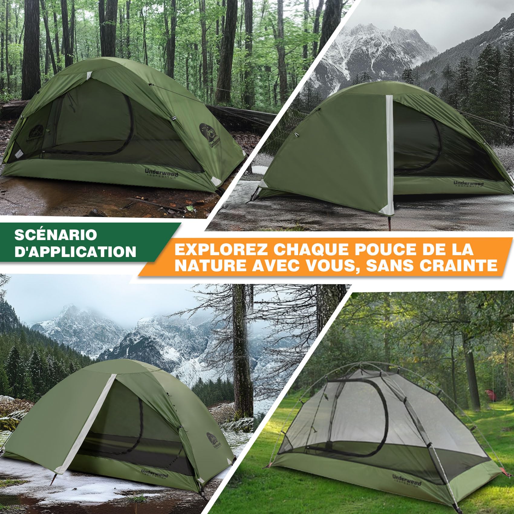 UnderwoodAggregator Tente de randonnée pour 1/2 personne,Tente légère et imperméable pour le camping, facile à installer, tente dôme compacte pour 1/2 personne, tente 3 saisons pour randonnée, camping