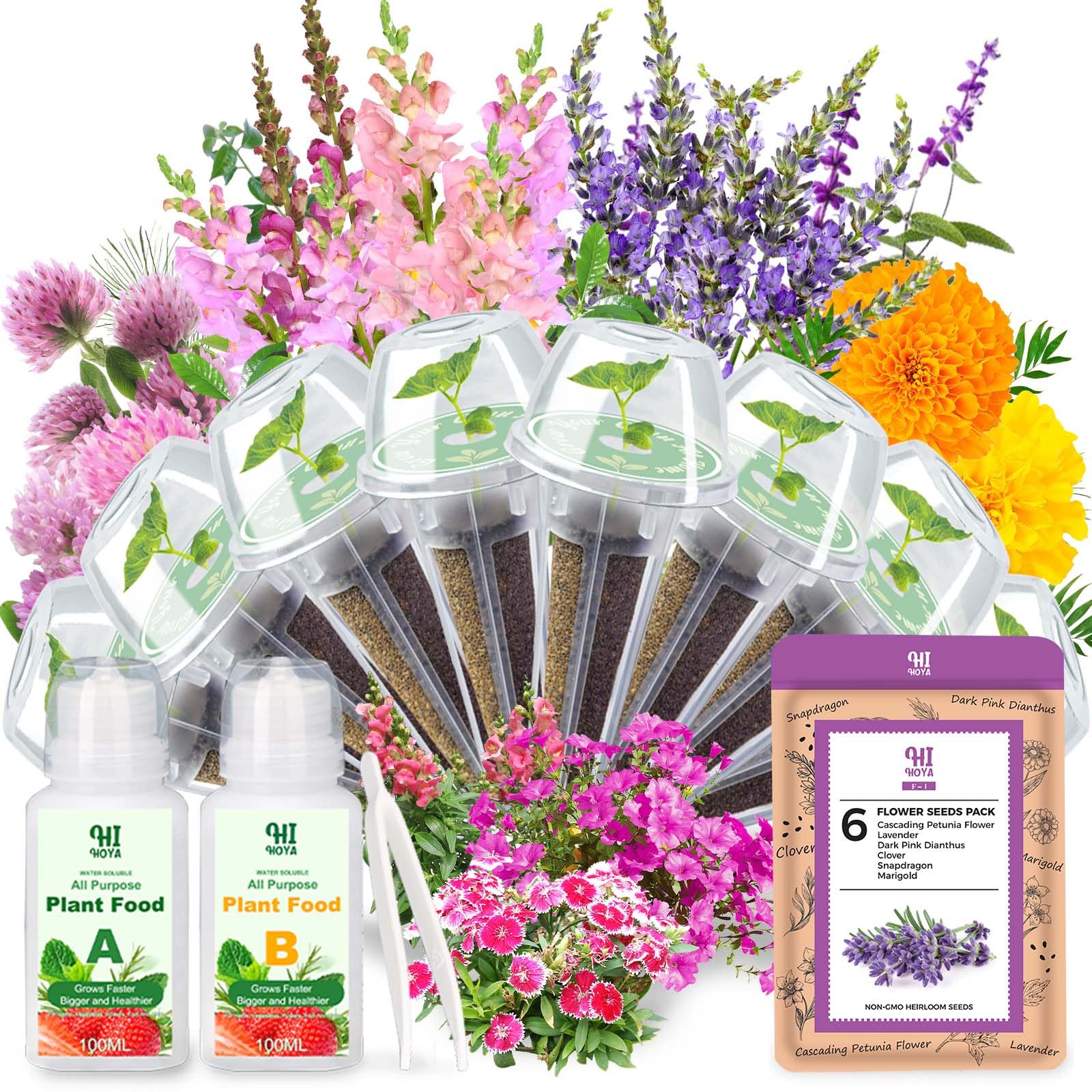 Flower Seed Pods for All Hydroponics Growing System, 8 Pods with 600+ Seeds of Marigold, Lavender, Petunia, Dark Pink Dianthus, Clover and Snapdragon
