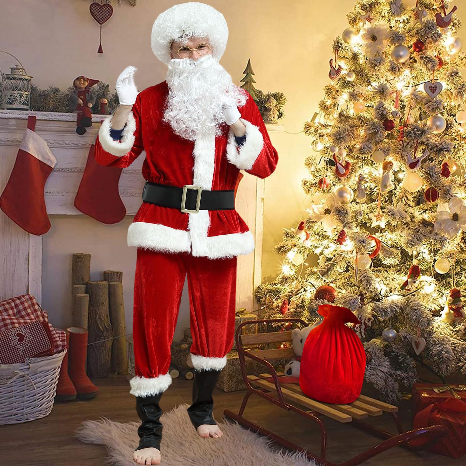 Kouric Weihnachtsmann Kostüm Herren,10-teiliges Lustig Weihnachtskostüm Damen,Weihnachtsmann Bart und Perücke, Deluxe Santa Claus Costume Nikolauskostüm Brille/Sack, Weihnachtsmann Anzug Erwachsene