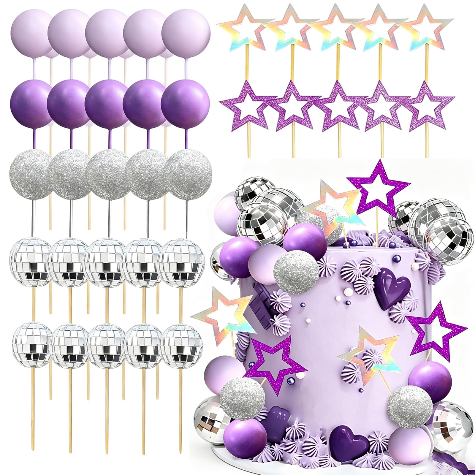 Disco Ball Cake Decorations, Cake Topper Set, Purple Disco Ball Arrangement for Themed Parties, Foam Material Cake Toppers for Dessert Enhancement