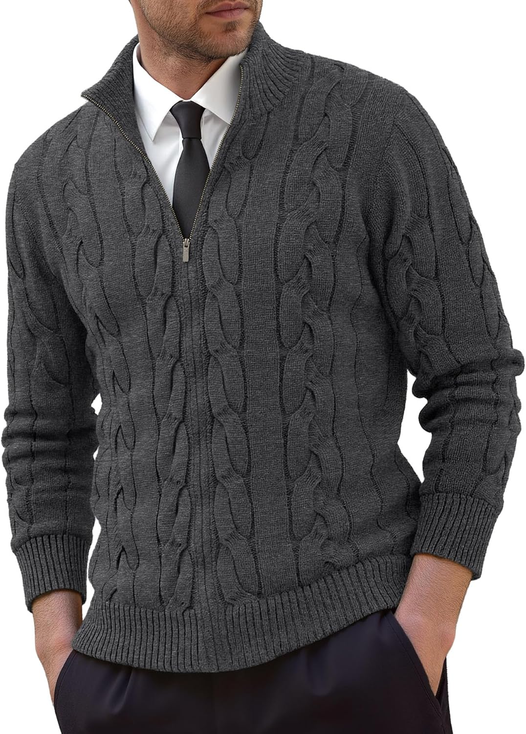 NITAGUT Mens Full Zip Up Cardigan Sweater Casual Stand Collar Cable Knit Winter Sweaters - Image 2
