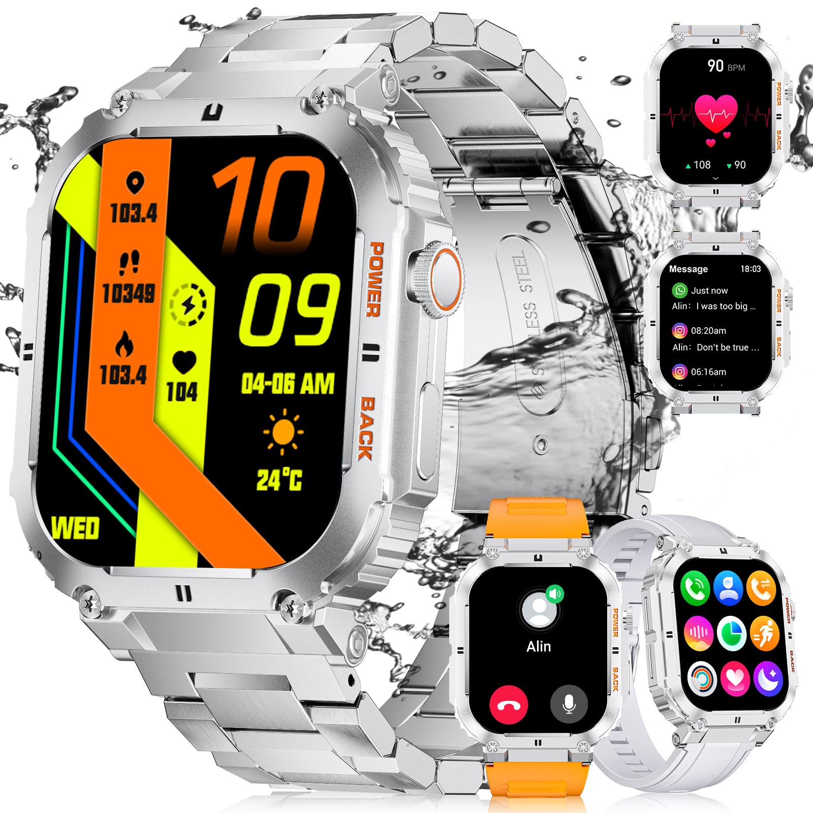 LIGE Smartwatch Uomo, Orologio Intelligente Fitness con Chiamate Bluetooth,1.96" Militari Smart Watch Tracker Attività con 100+ Modalità Sportive per Cardiofrequenzimetro,SpO2,Android iOS 2024