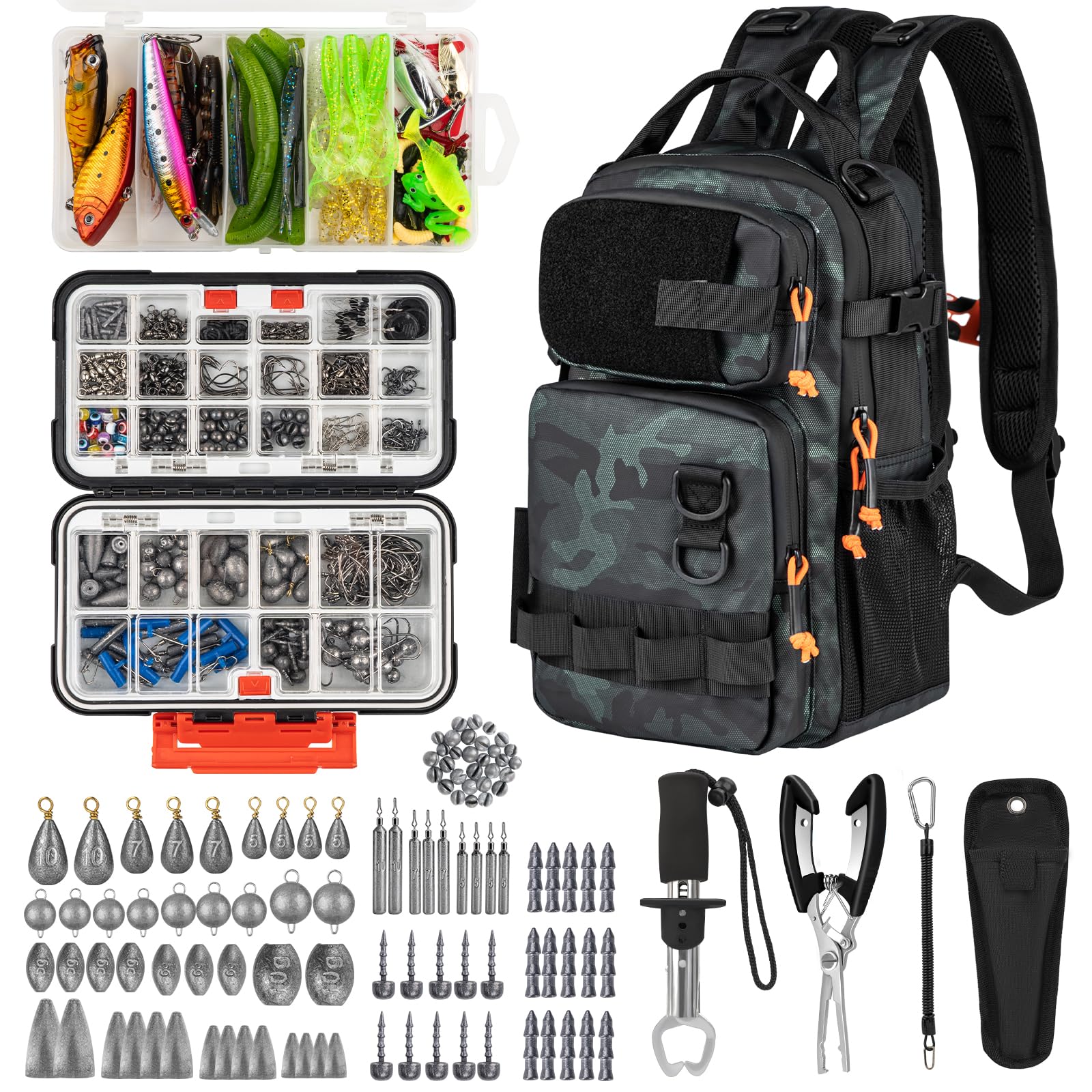 THKFISH 462-teiliges Angelwerkzeug-Set, Rucksack und Angelkasten mit Angelgerät, inklusive Köder, Haken, Senkblei, Zubehör-Set, Zange, Fischlippengreifer, Angelausrüstung und Angelgeschenk für Männer