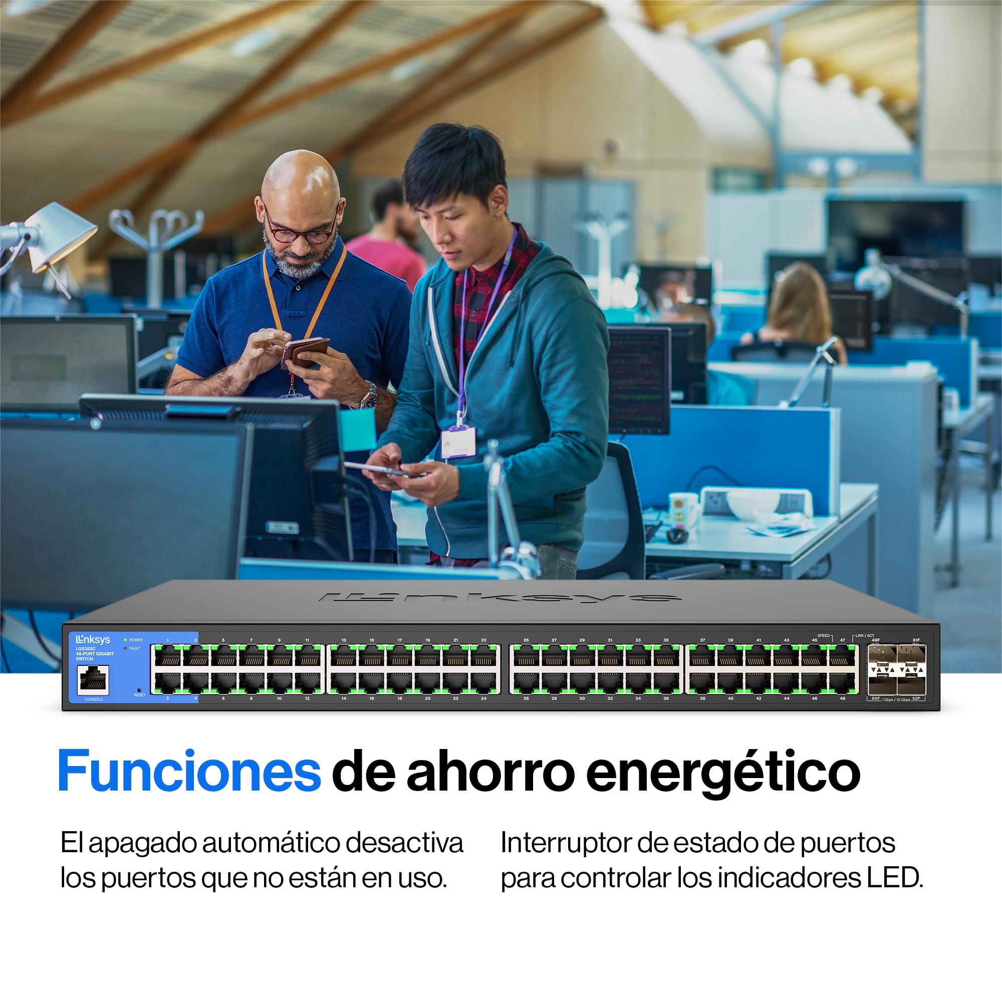 Linksys LGS352C-EU switch de red administrado Gigabit de 48 puertos con 4 ranuras SFP+ 10G de subida, concentrador/divisor Ethernet inteligente con carcasa metálica y montaje de sobremesa/pared