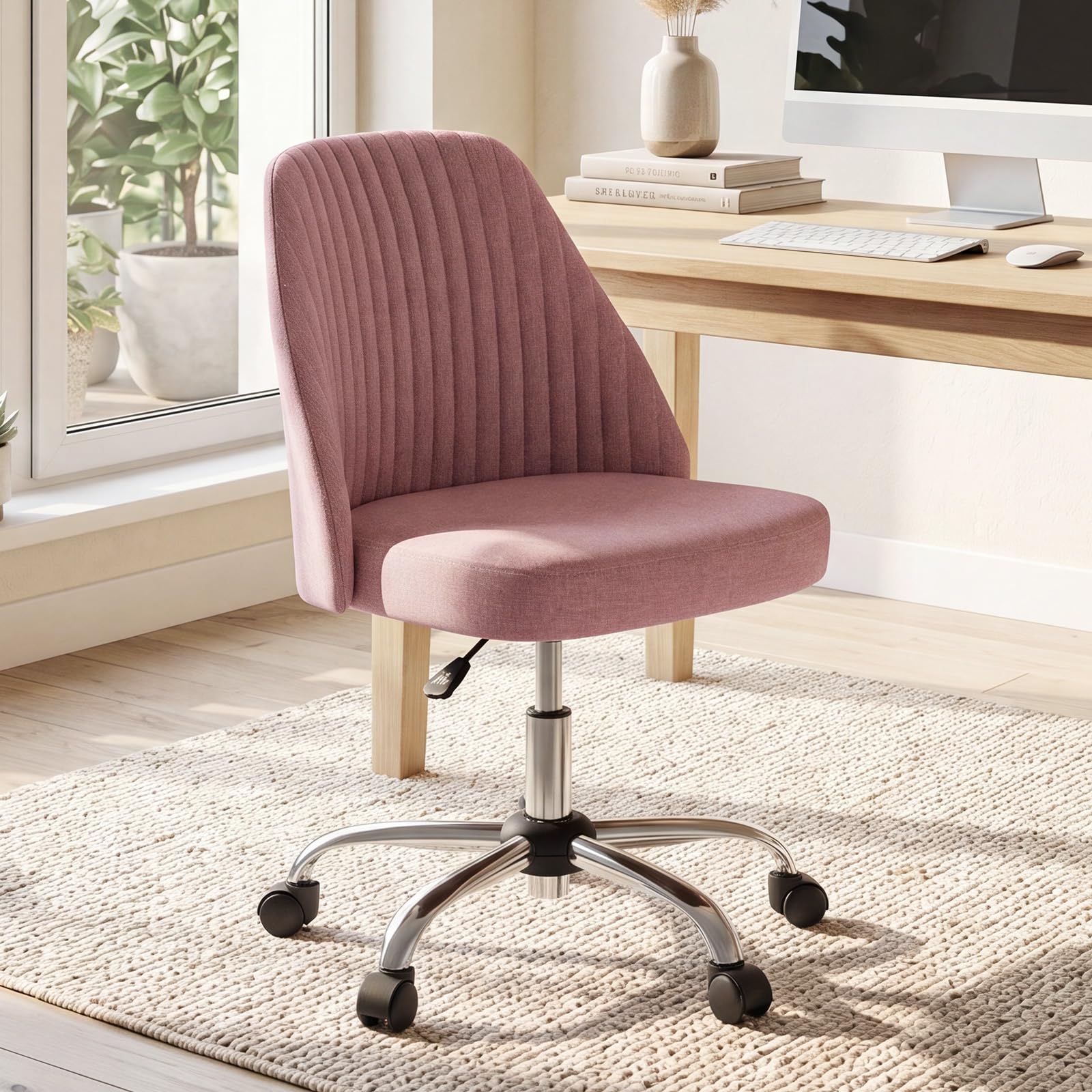 DUMOS Comfy Office Desk Chair, Armless Computer Vanity Chair | Height Adjustable, 360° Rolling Swivel Task with Wheels, Wide Seat, Cute, Home Bedroom, Student, Adults, Dusty Rose