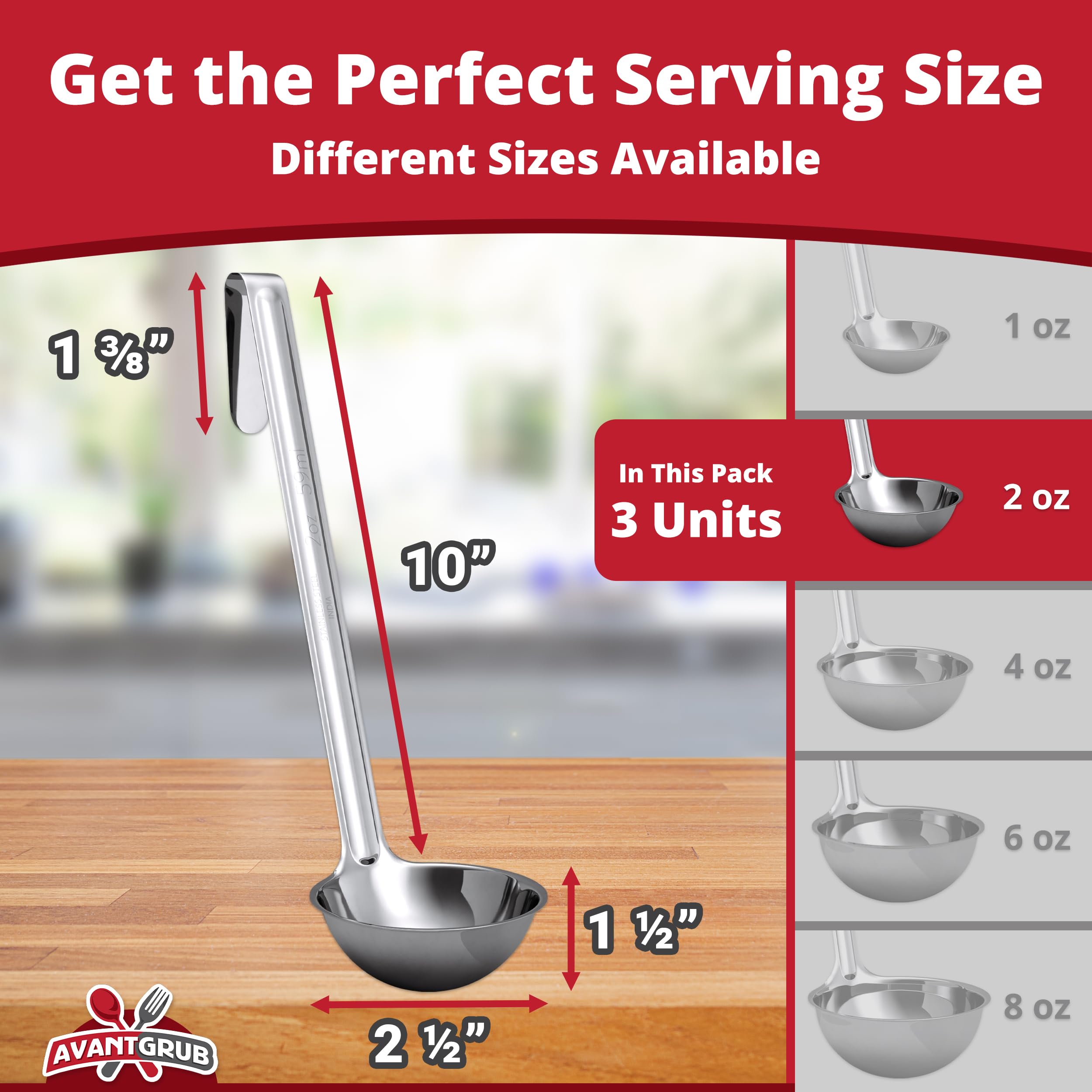 Cucharón de sopa de 2 onzas súper resistente, ergonómico de acero inoxidable con asas largas. Los mejores accesorios de cocina para agitar y servir sopas, chile y guiso en restaurantes y en casa