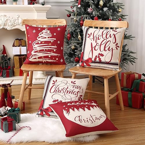 Miniatura 7 de CAREMEE Juego de 4 fundas de almohada de Navidad de 18 x 18 pulgadas para decoraciones de Navidad fundas de almohada cuadradas para árboles copos de