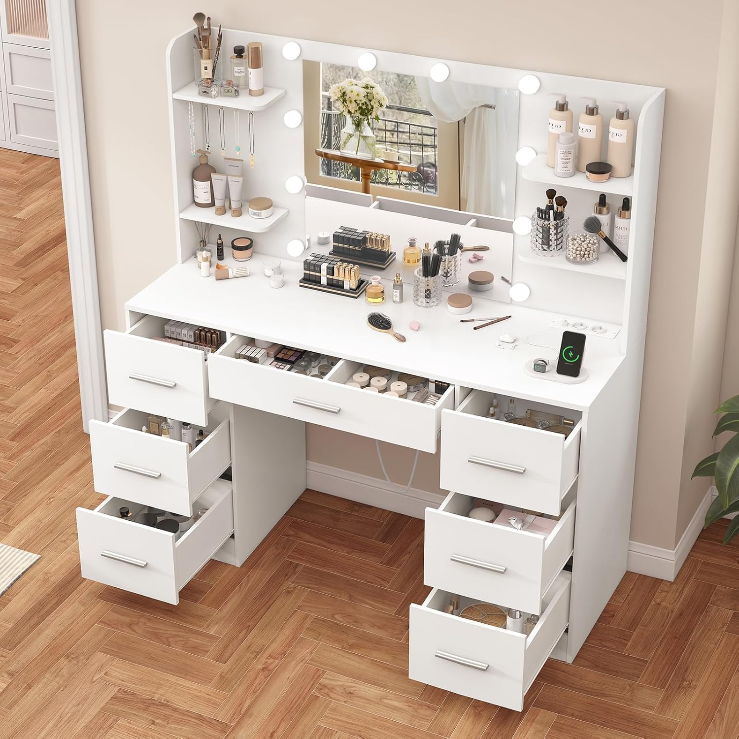 TEENFON Toeletta Trucco con Luci, Led Regolabili, 3 Colori Regolabili, Toletta con Grande Specchio,Presa,Bianco, 7 Cassetti, 4 Ripiani Aperti e 5 Ganci per Gioielli per la Camera da Letto