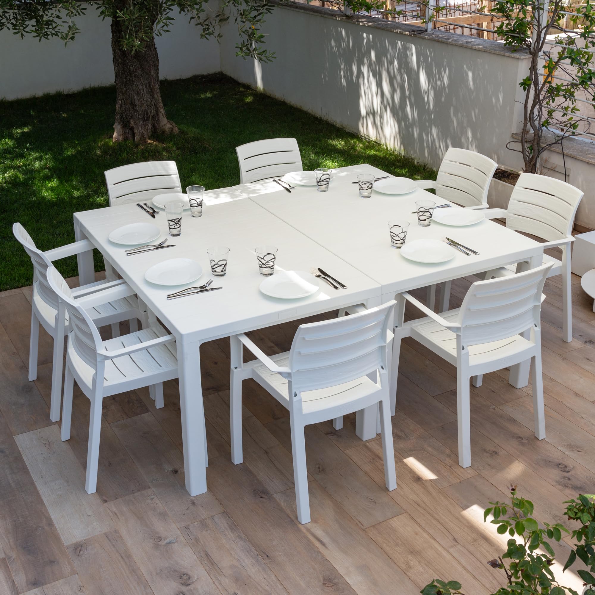 Toomax Golia Tavolo da giardino modulare bianco con finitura effetto legno, 294x88x74h cm, tavolo grande adatto fino a 10 persone, resistente ai raggi UV, ideale per interno ed esterno