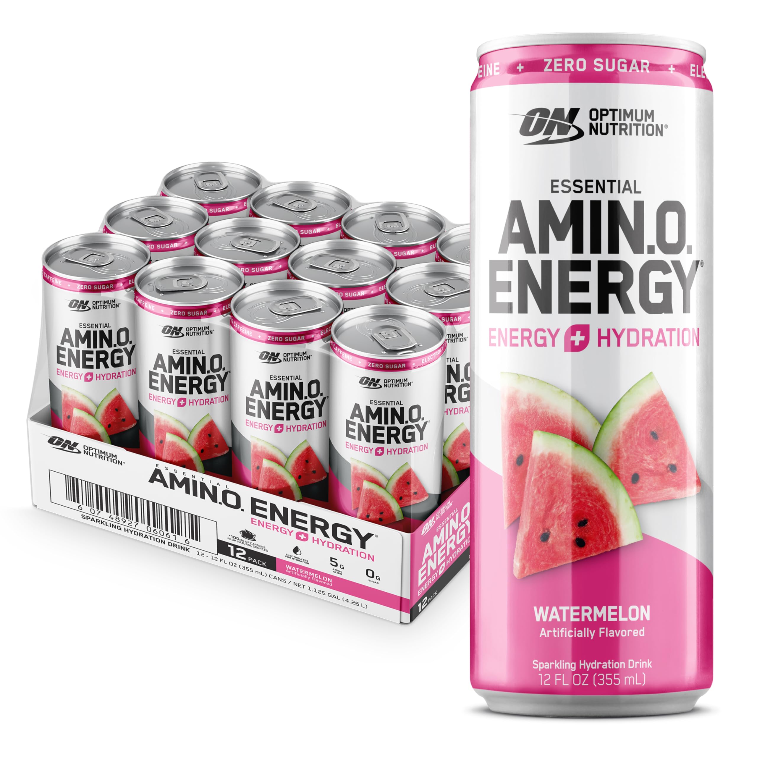 Amino Energy Drink + Electrolytes for Hydration - Sugar Free, Amino Acids, BCAA, Keto Friendly, Sparkling Drink - Watermelon, 12 Fl Oz (Pack of 12) - Packaging May Vary