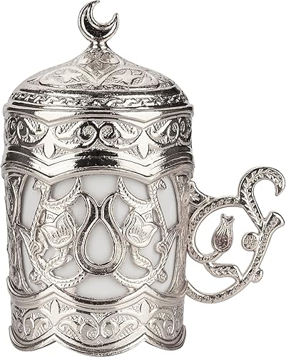 Miniatura 5 de Alisveristime Tazas de café expreso turco griego árabe otomano con platillo y tapa (juego de 2) (Hilal) (plateado)