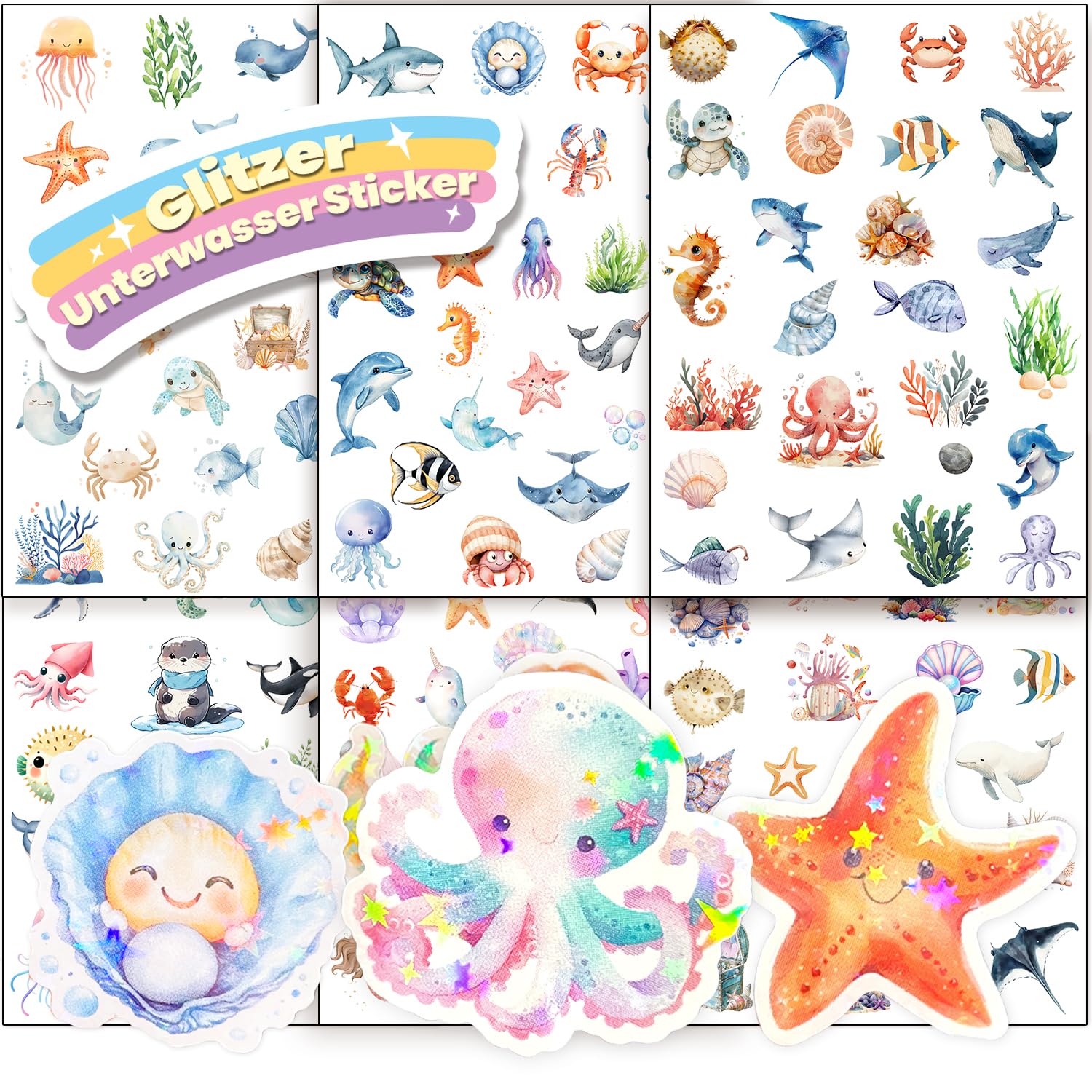 Hongma Meer Tier Glitzer Sticker mit Glitzereffekt 6pcs Über 150 Motiv Glitzersticker Unterwasser Meerestiere Aufkleber Holografische für Kinder Scrapbooking Fotoalbum Geschenke (Nicht Reflektierend)