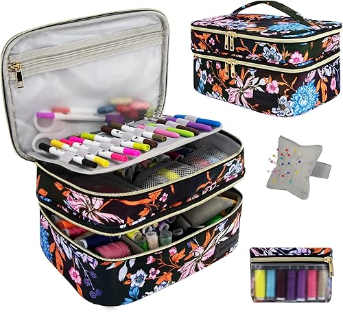 Bolsa de coser, organizador de almacenamiento de costura, cesta de costura de doble capa, organizador de accesorios de costura grande, organizador