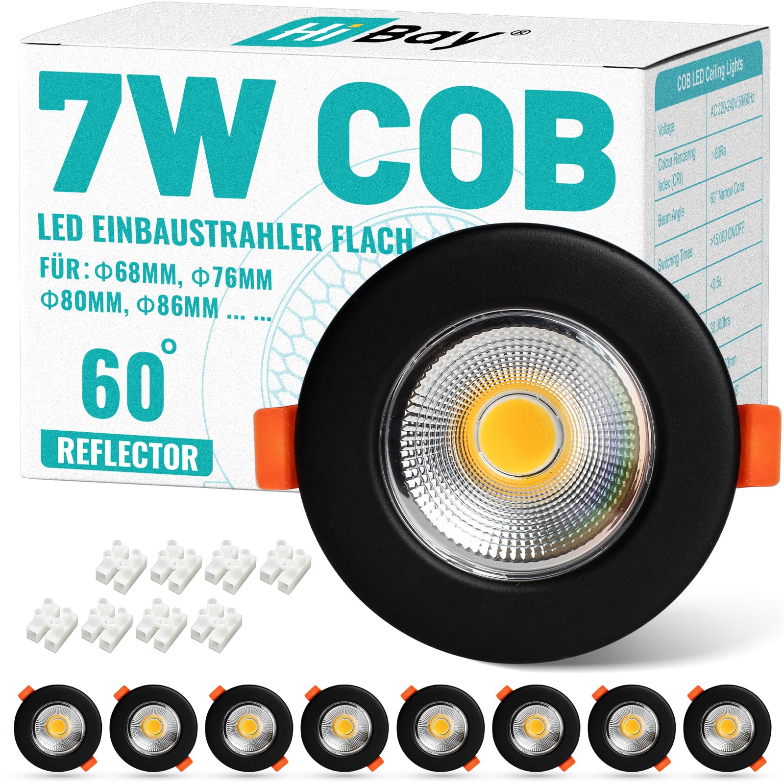 HiBay 8er Einbaustrahler LED COB 7W Spots Deckenleuchte LED Schwarz Matt Einbauleuchten 65-85mm Lochmaß 4000K Neutralweiß 600LM für Schlafzimmer Wohnzimmer