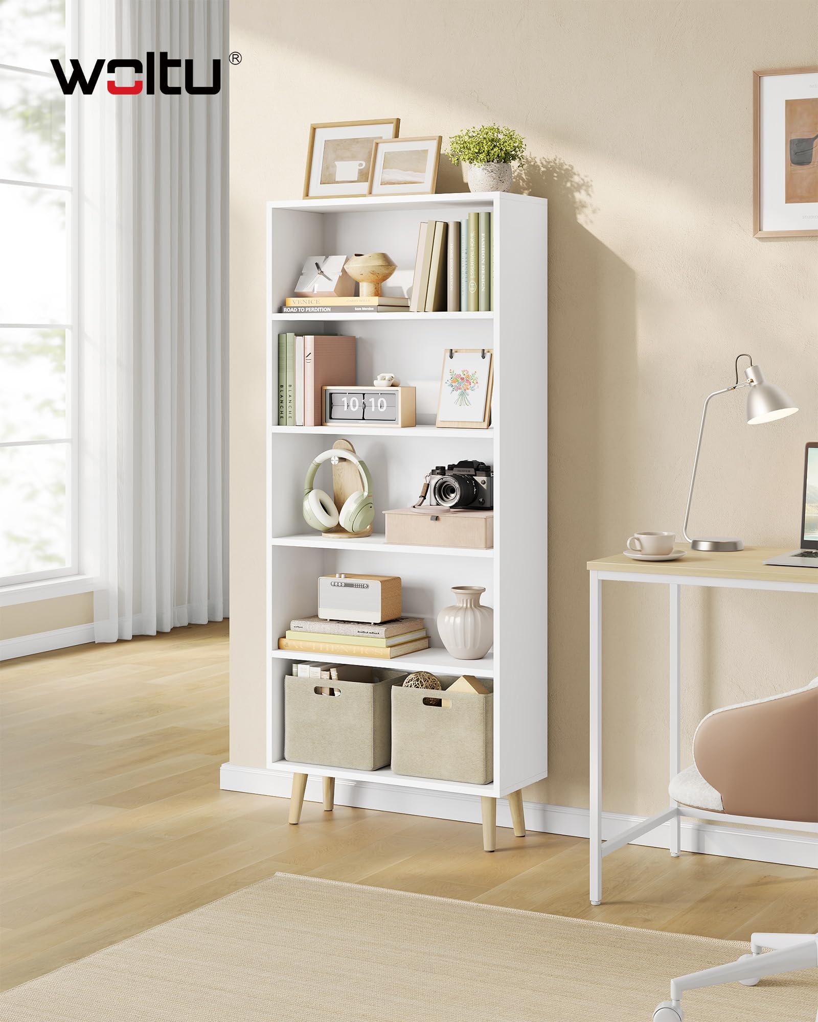 WOLTU Libreria Estanteria para Libros de Almacenaje | con 5 Estantes, para Salón, Dormitorio y Cocina, 60x24x144 cm, Blanca