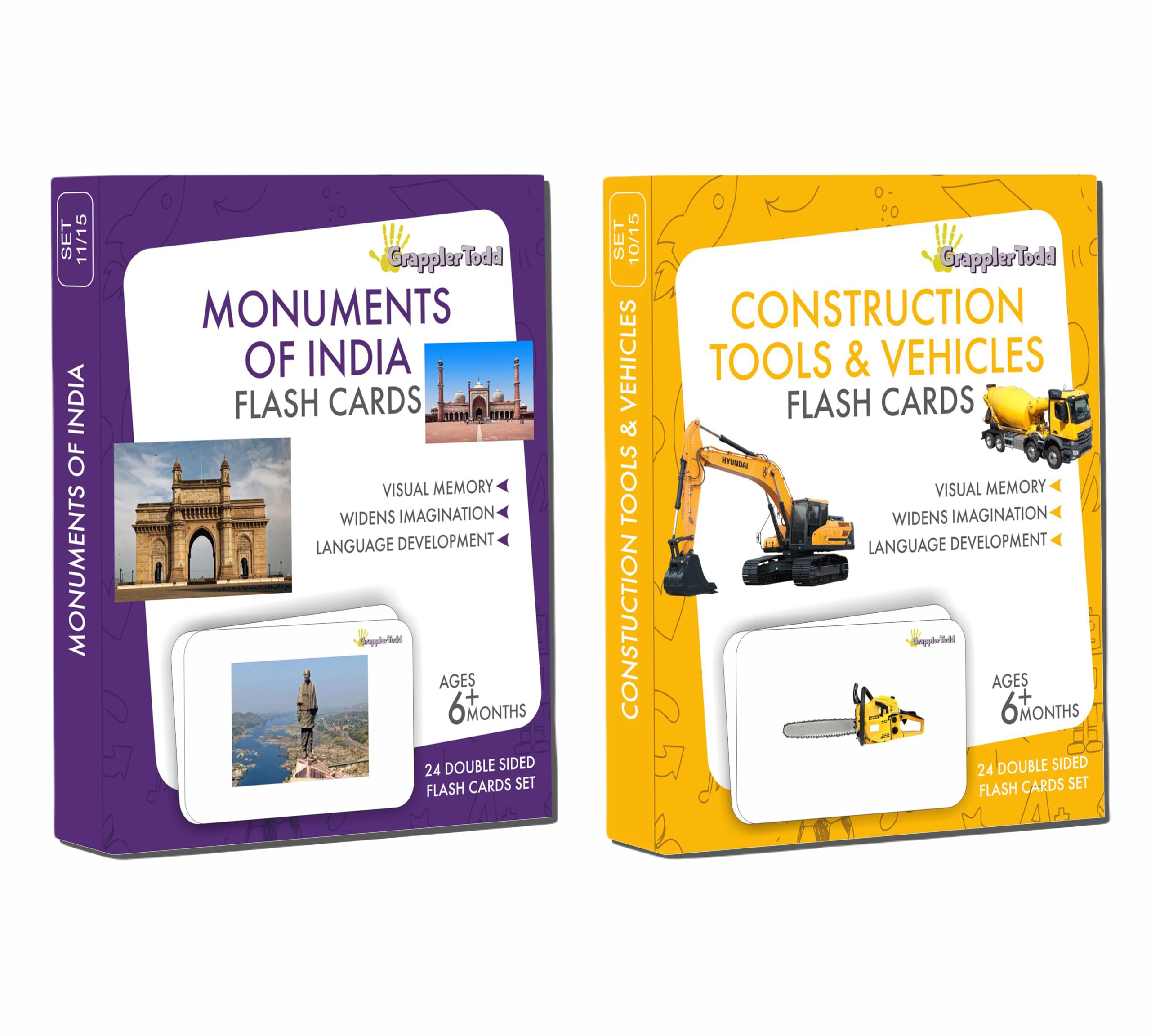 GrapplerTodd Flash Cards | Monuments of India & Construction Tools | Wipe and Clean and Non-Tearable | 6 Months to 6 Years | Pack of 2 | Total 48 Cards
