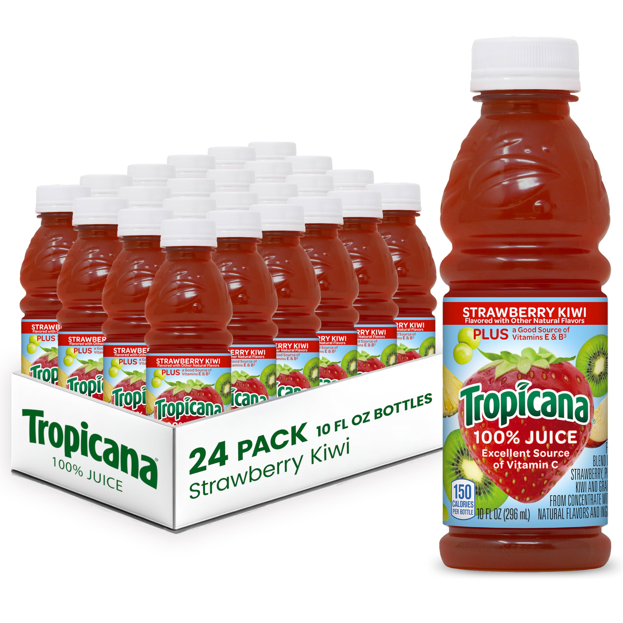 Tropicana Strawberry Kiwi 100% Juice, Single Serve, 10 fl oz Bottles (24 Pack) - Real Fruit Juice, Excellent Source of Vitamin C, No Added Sugars, No Artificial Flavors