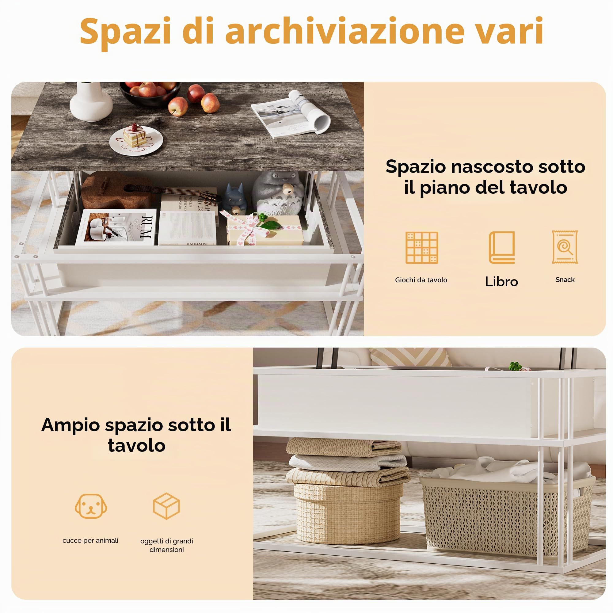 Tavolino da Salotto con Piano Sollevabile – Tavolino da Caffè Moderni, Struttura Metallica Stabile & Contenitore Nascosto, Tavolino Centrale per Soggiorno, Piccoli Spazi, Home Office