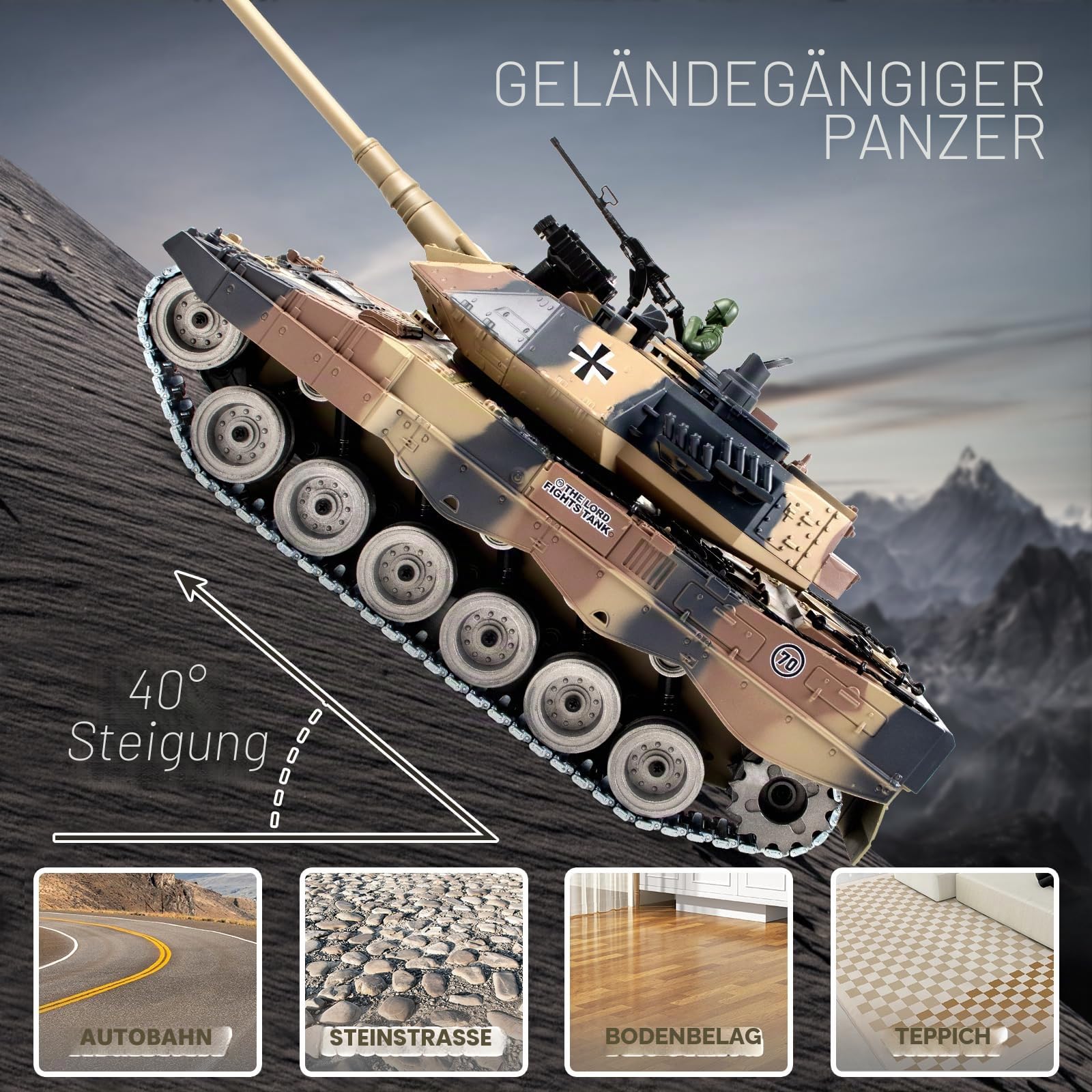 1:18 RC Panzer Leopard II, 2.4GHz Ferngesteuert Panzer mit Schussfunktion, WW2 Militär, Ferngesteuertes Militärfahrzeug mit Metallketten, Rauch, Licht, Sound, Erdiges Gelb für Kinder Erwachsene