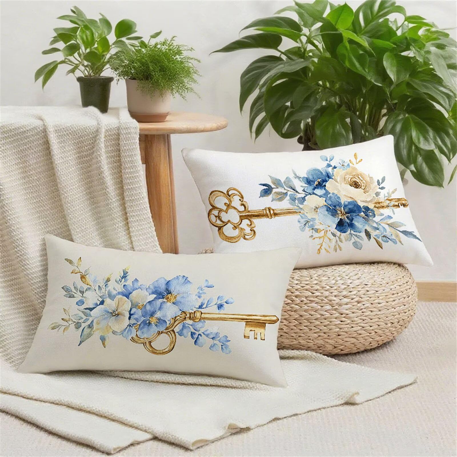 Federe Cuscini Divano 60x120cm Copri Cuscini per Divano Letto Decorativi Bianco Lino Set di 2 Cuscino Esterno Impermeabili Rettangolari Grandi Fiore con Zip Nascosta per Arredo Camera Esterno u-1359
