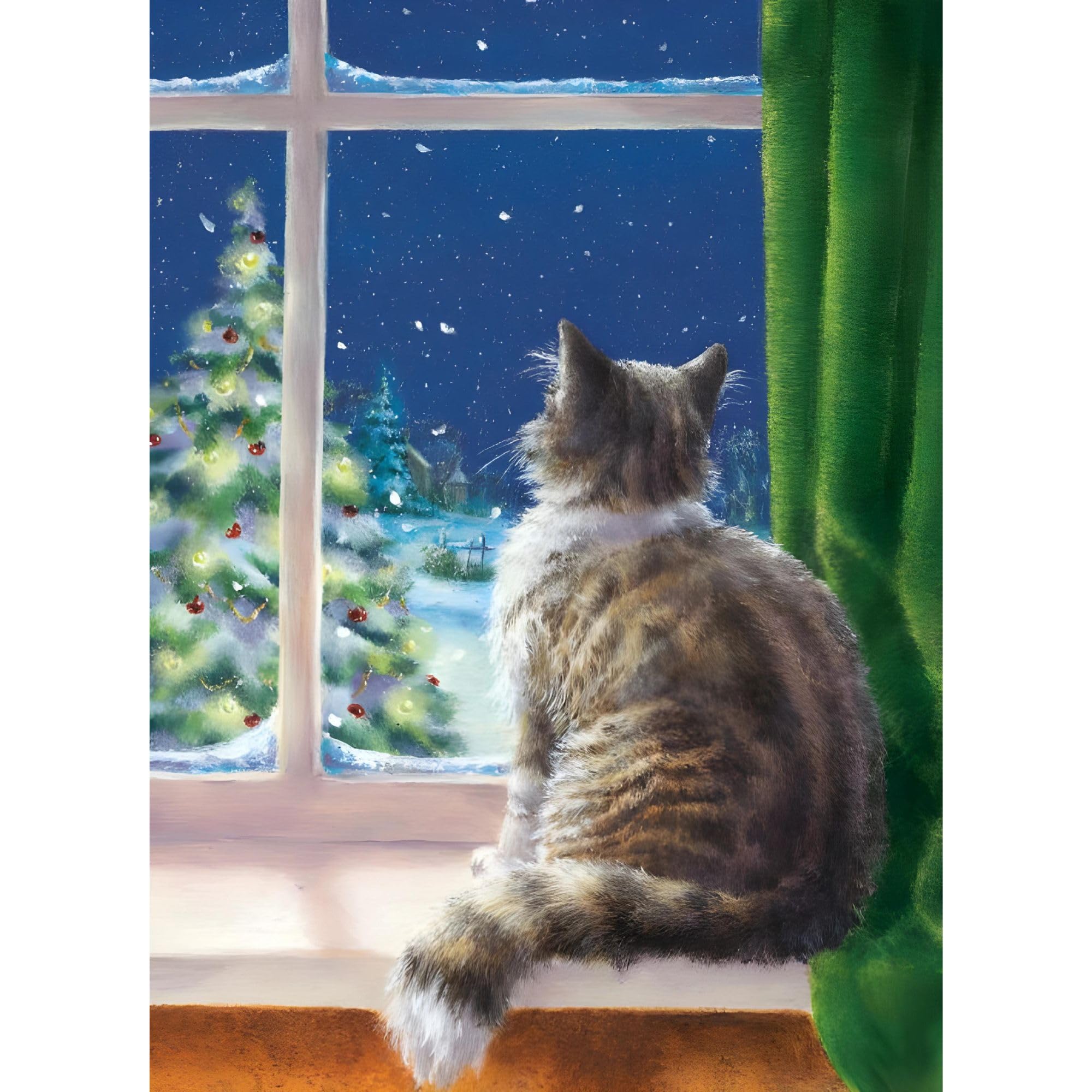 Christmas Cards Pack of 8 - Cat and Snowy Tree - 'First Snowfall' Artistic Design by Lesley Hammet - Made in the UK - Eco-Friendly