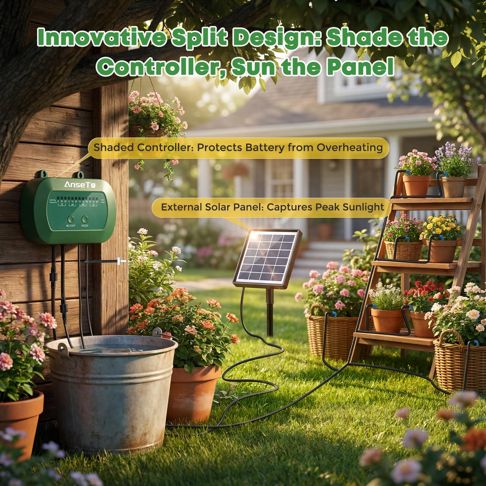 Solar Bewässerungssystem für Balkon Garten Gewächshäuser Automatische Bewässerungssystem Bewässerungscomputer für Pflanzen und Topfpflanzen, Ausgestattet mit 12 Bewässerungsmodi und 15 Tropfern