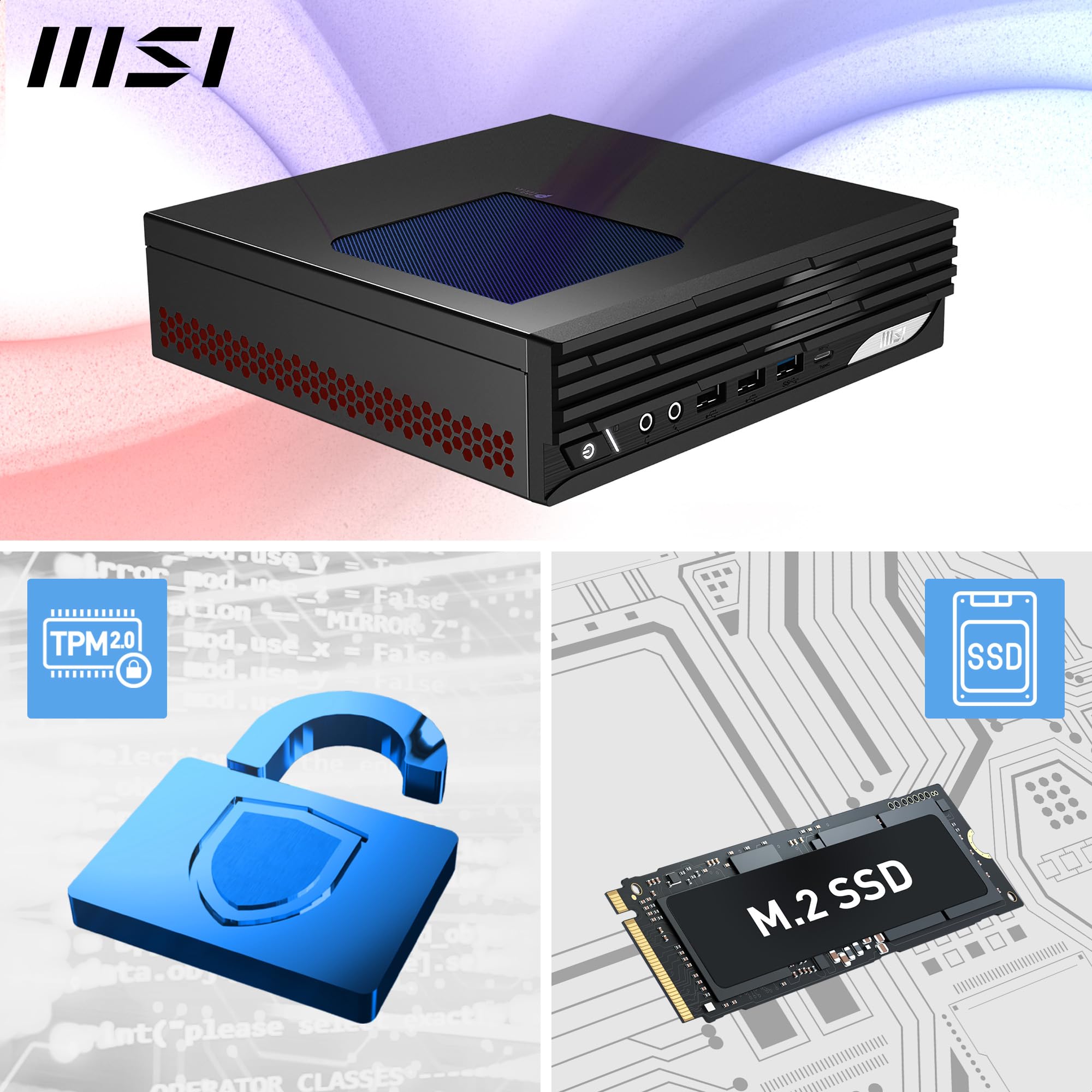 MSI Pro DP21 14M-1092EU Mini PC - Intel Core i5-14400, 16 Go DDR5, SSD M.2 512 Go, USB 10 GB/s, Double Affichage (4K HDMI 2.1 et DP 1.4), Wi-FI 6E, Bluetooth 5.3 - Windows 11 Famille